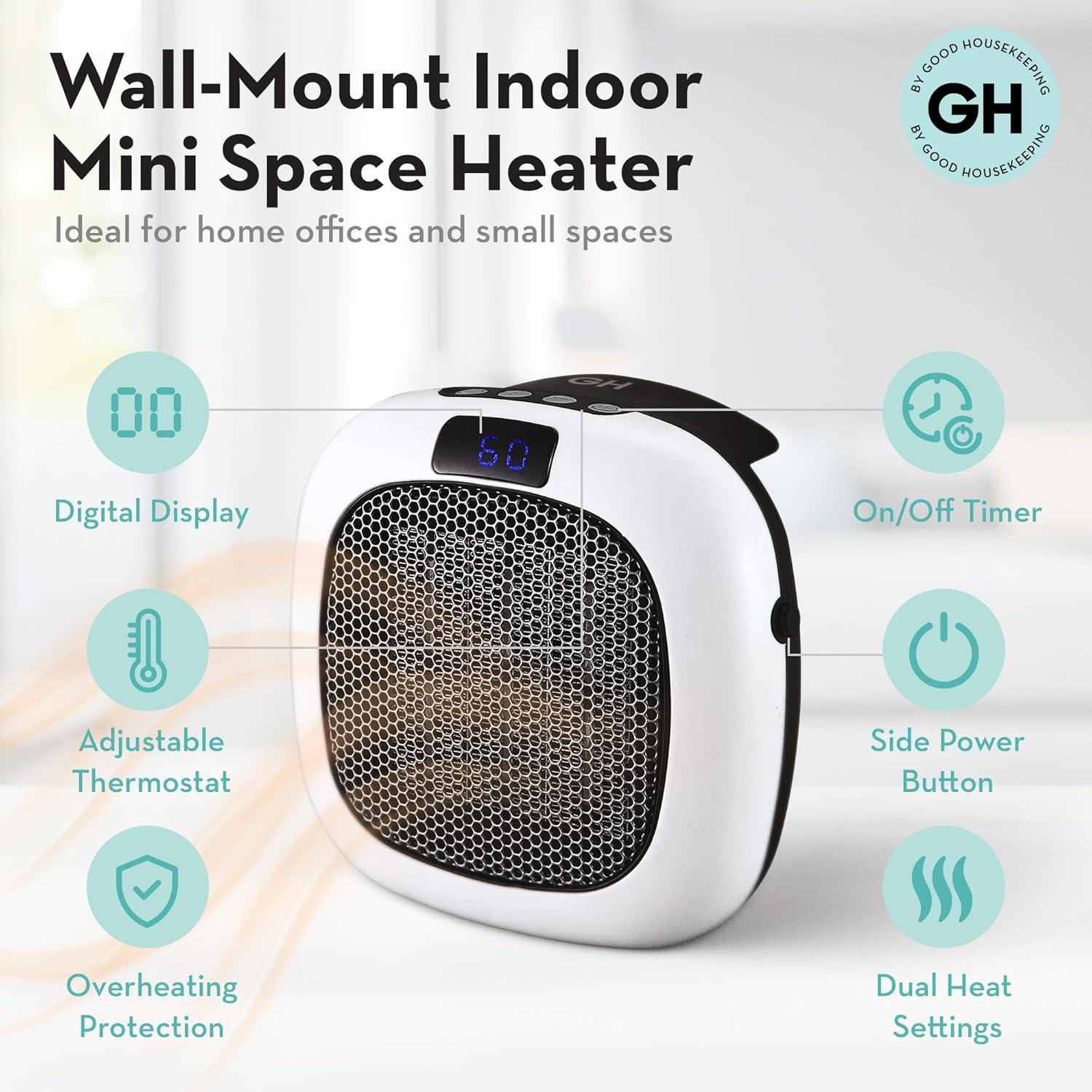 Good Housekeeping Wall-Mount Indoor Space Heater, Portable Electric Mini Heater w/ Adjustable Thermostat & Remote Control, 750W, White