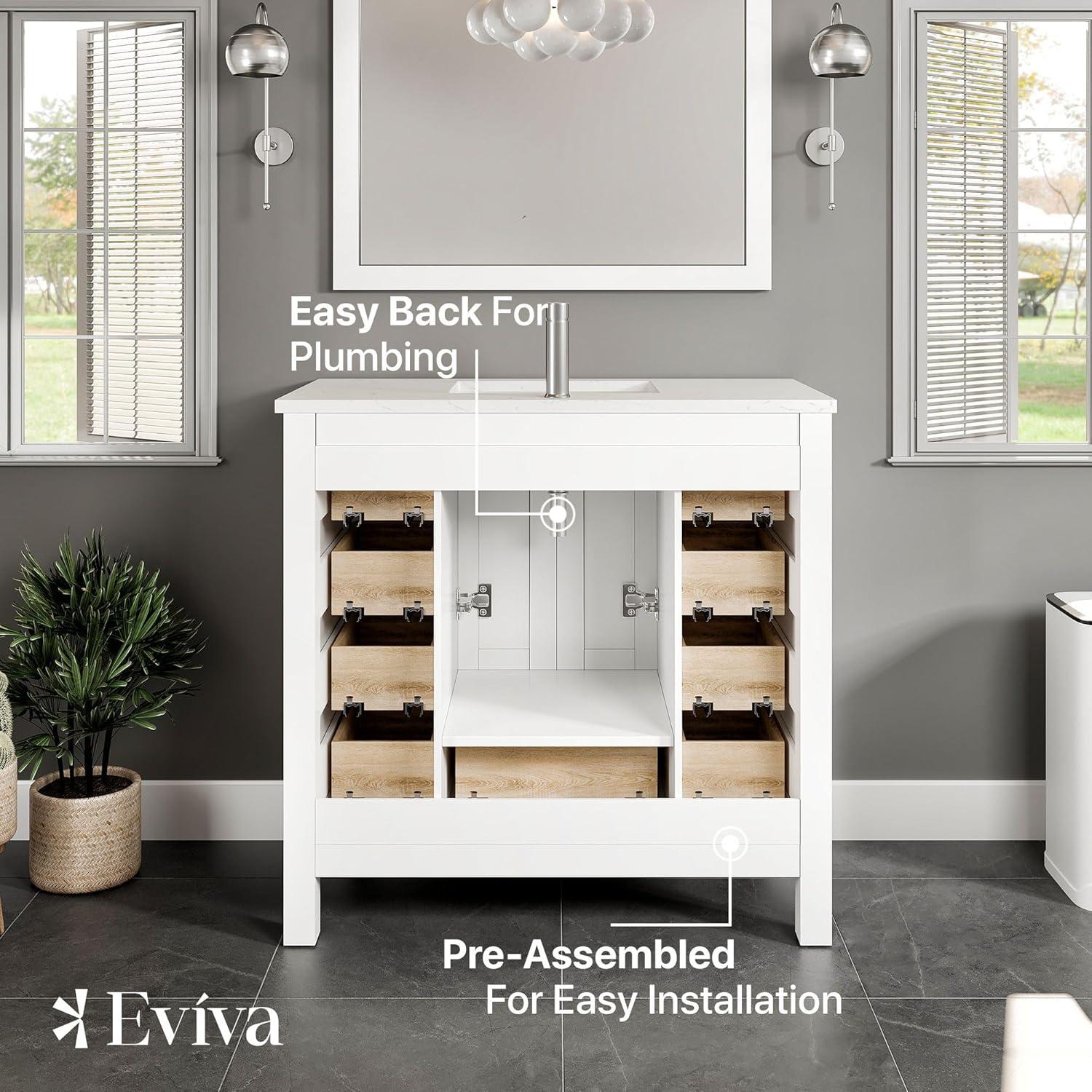 White Solid Wood Freestanding 36 Inch Bathroom Vanity with Marble Top