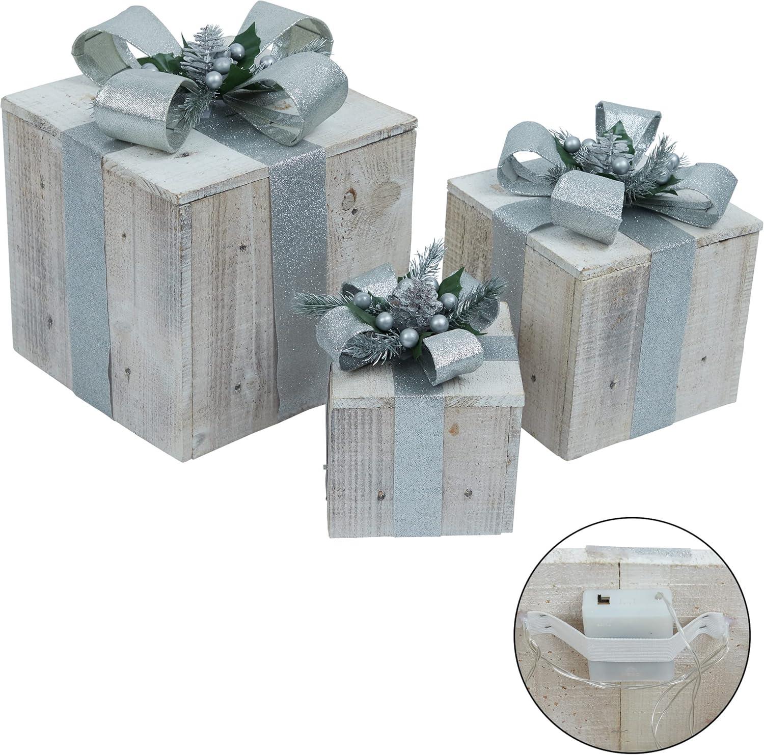 Alpine Corporation Set of 3 Assorted Size Wooden Light-Up Holiday Gift Boxes Decor, Silver