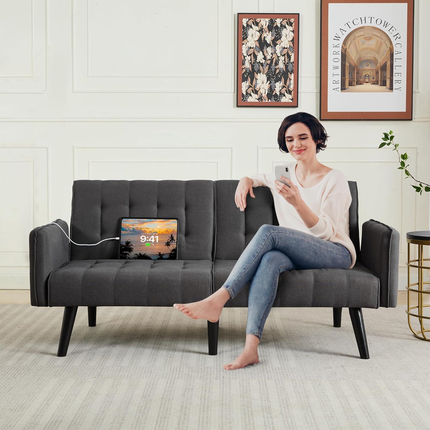 TYBOATLE 65“ Convertible Futon Sofa Bed w/ 2 USB, Upholstered Tufted Small Adjustable Folding Couch Loveseat, Modern Mid Century Sleeper Sofa for Living Room, Bedroom, Apartment, Office (Dark Grey)