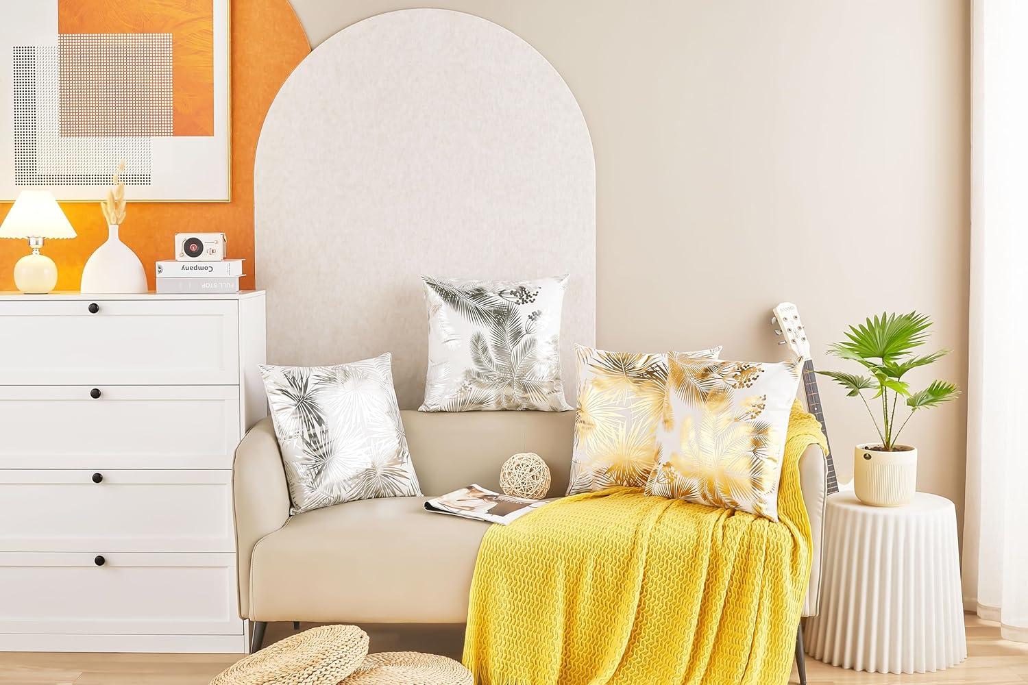 Pack of 4 Decorative Throw Pillow Case Cushion Cover Gold Stamping Leaves 18 x 18 inches 45 x 45 cm for Couch Bedroom Car
