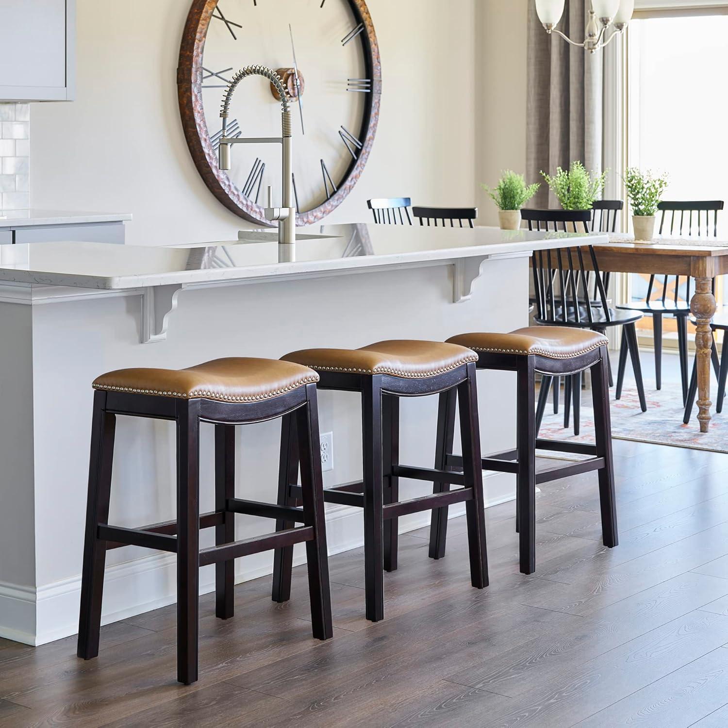 New Ridge Home Goods  25 in. Julian Counter-Height Wood Barstool with Tan Faux-Leather Seat - Espresso