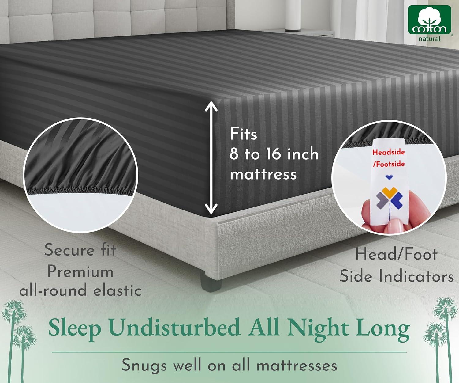 Fitted Sheet Only, Striped 500 Thread Count 100% Cotton Sateen, Deep Pocket by California Design Den - Stripe - Grey, Queen