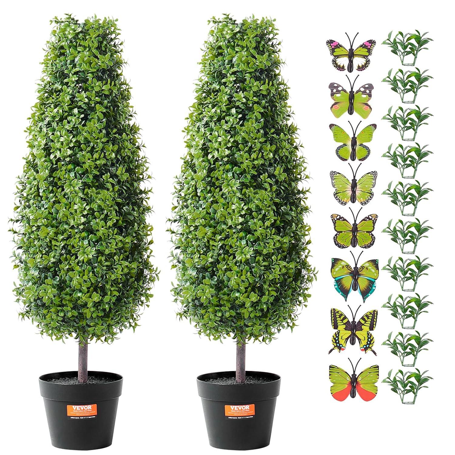 VEVOR Artificial Boxwood Topiary Tree, 36 inch Tall (2 Pieces), Faux Topiary Trees, Green Faux Plant w/Extra Leaves & Pot & Small Decoration, UV Rated Greenery Set for Home Decor Indoor/Outdoor