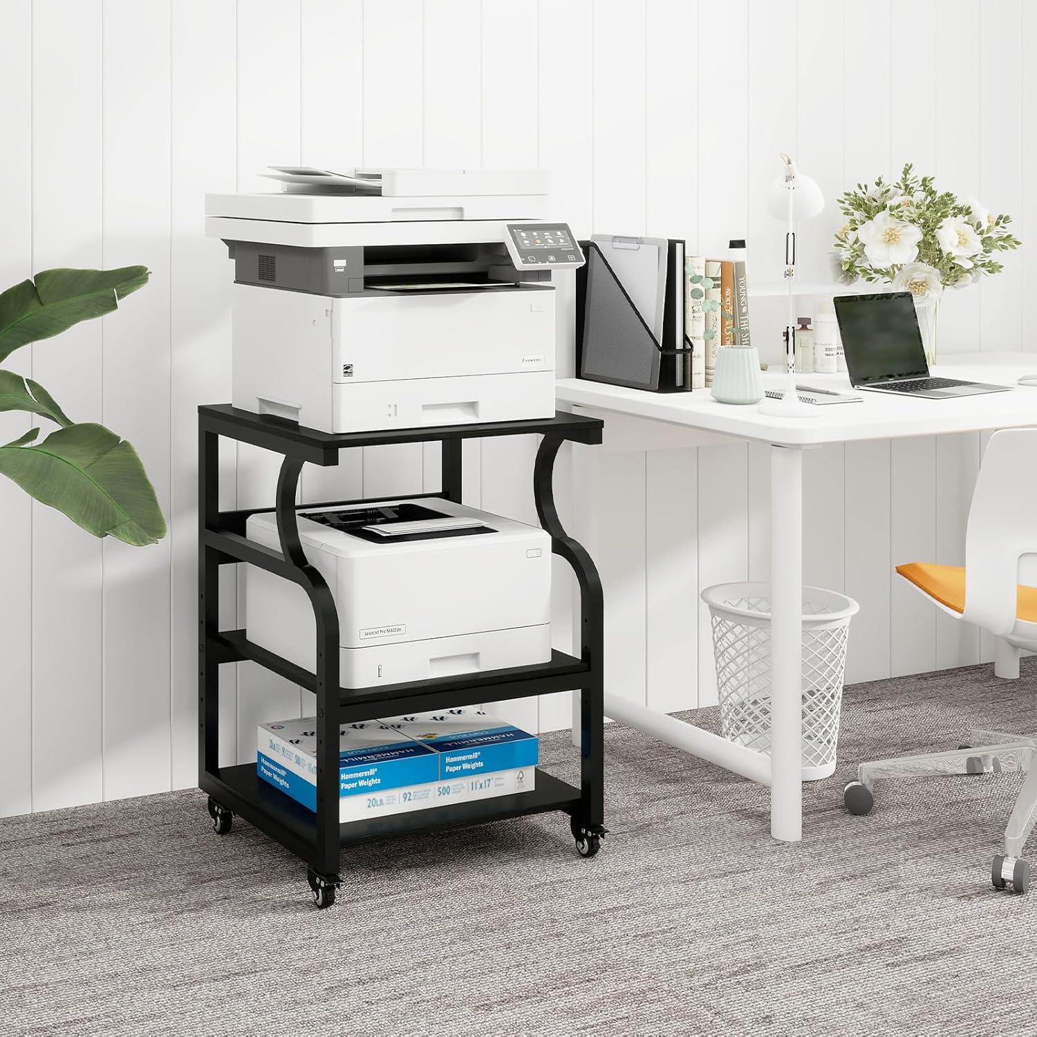 Natwind Large Printer Stand,24''x20''x29''Printer Table with Adjustable Storage Shelf,3 Tier Rolling Printer Cart with Wheels,Home Office Multifunctional Shelves for Heat Press (Black)