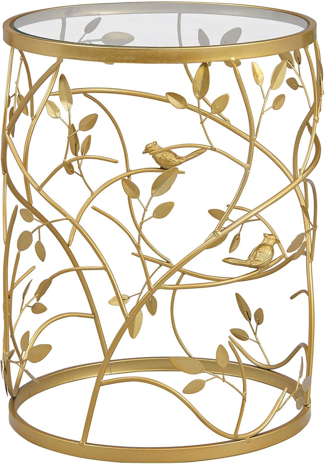 Elegant Gold Metal and Glass Round Accent Table with Bird and Branches Design