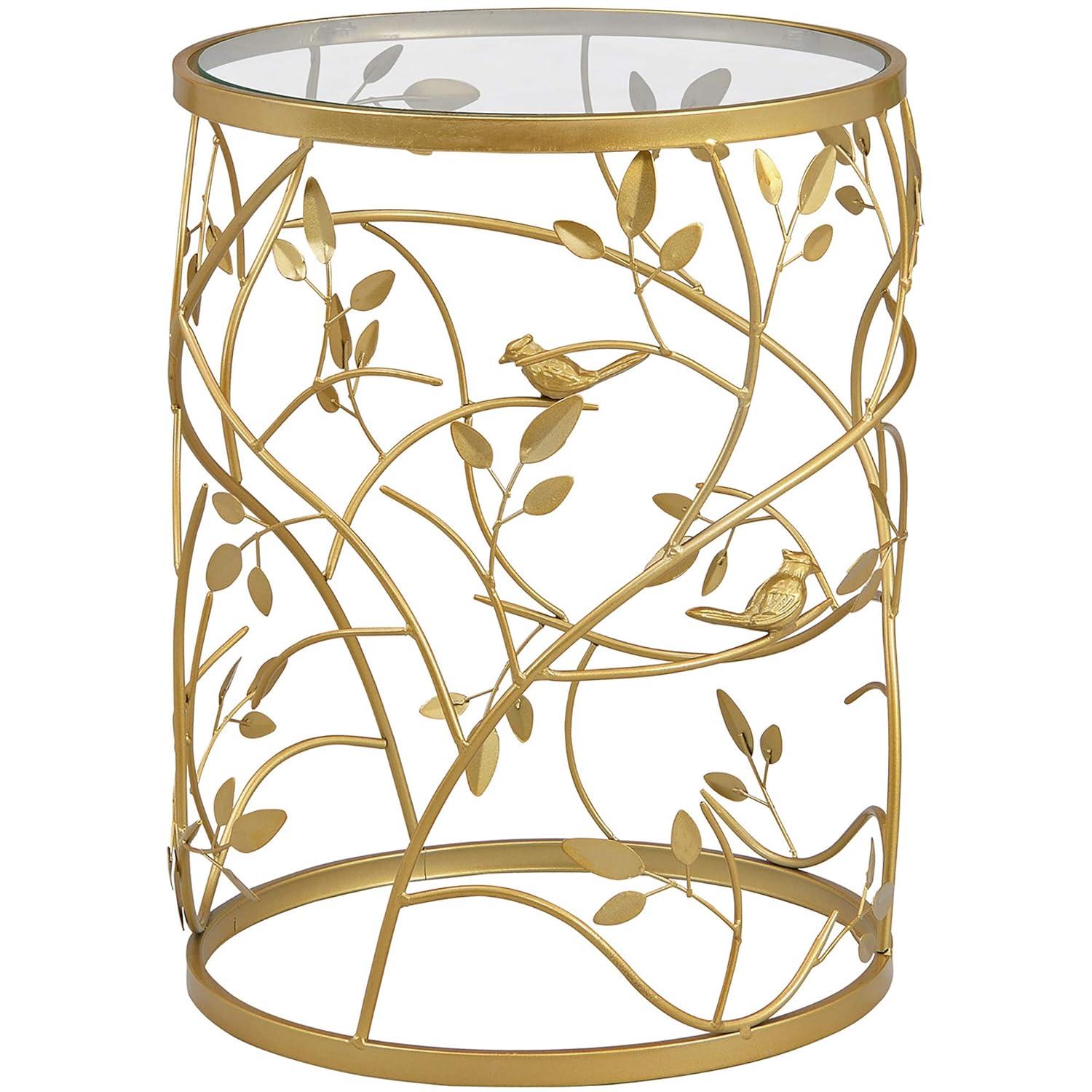 FirsTime & Co. Gold Bird and Branches End Table, Bedroom Nightstand and Living Room Side Table, Round, Metal and Glass, Cottage, 22 x 16.5 Inches