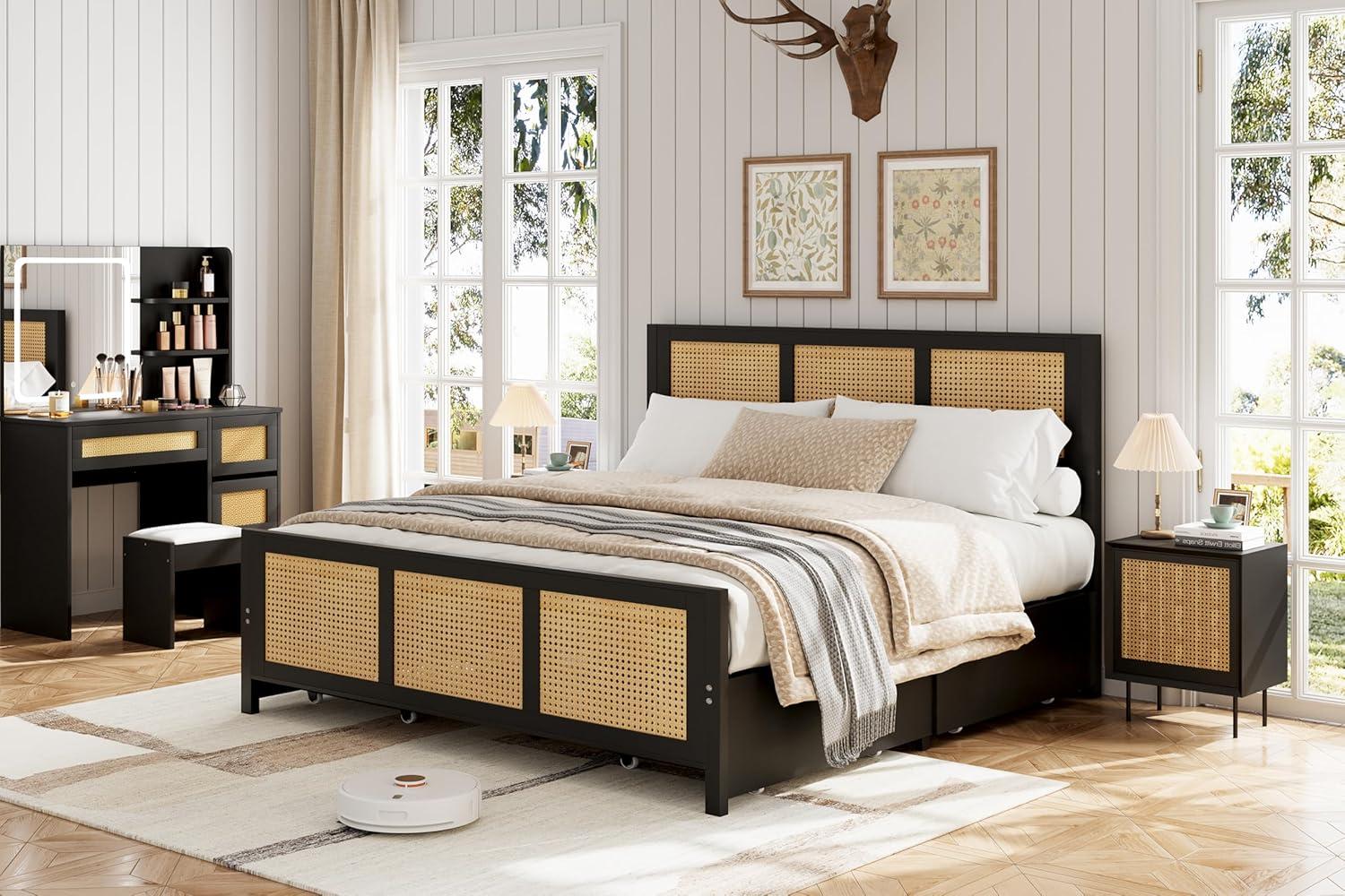 Garvee Rattan Bed Frame with Headboard, Full Bed Frame with Strong Metal Slats Support, Noise-Free Design, No Box Spring Needed, Black