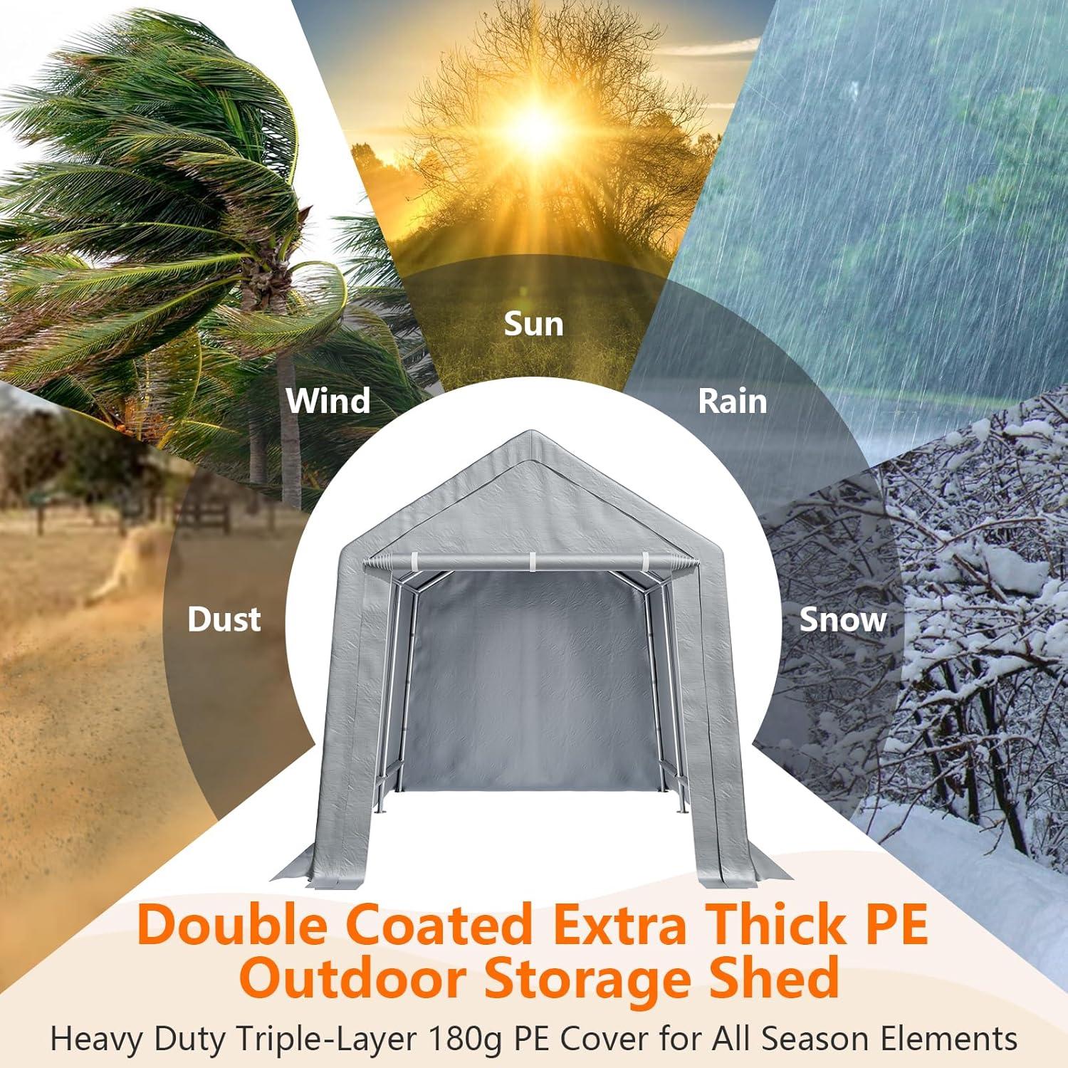 Portable Shed Carport Canopy 8x14 ft Waterproof Heavy Duty All-Season Portable Garage with Roll-up Zipper Door for Motorcycle, Bike, Garden Tools