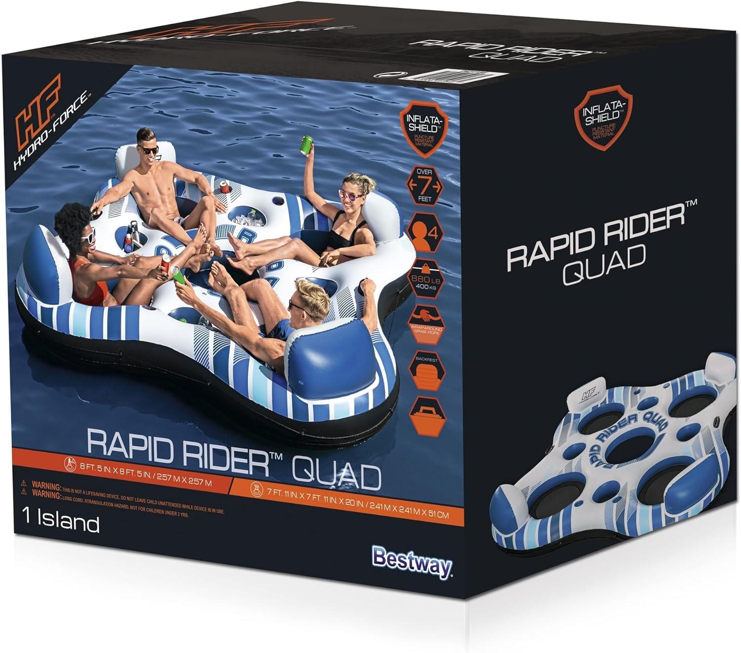 Hydro-Force Rapid Durable Rider Quad 4 Person River Tube with Built In Coolers, Cup Holders and Heavy Duty Handles, Multicolor