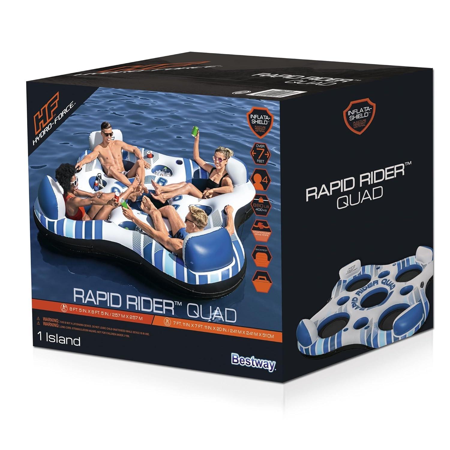 Hydro-Force Rapid Durable Rider Quad 4 Person River Tube with Built In Coolers, Cup Holders and Heavy Duty Handles, Multicolor
