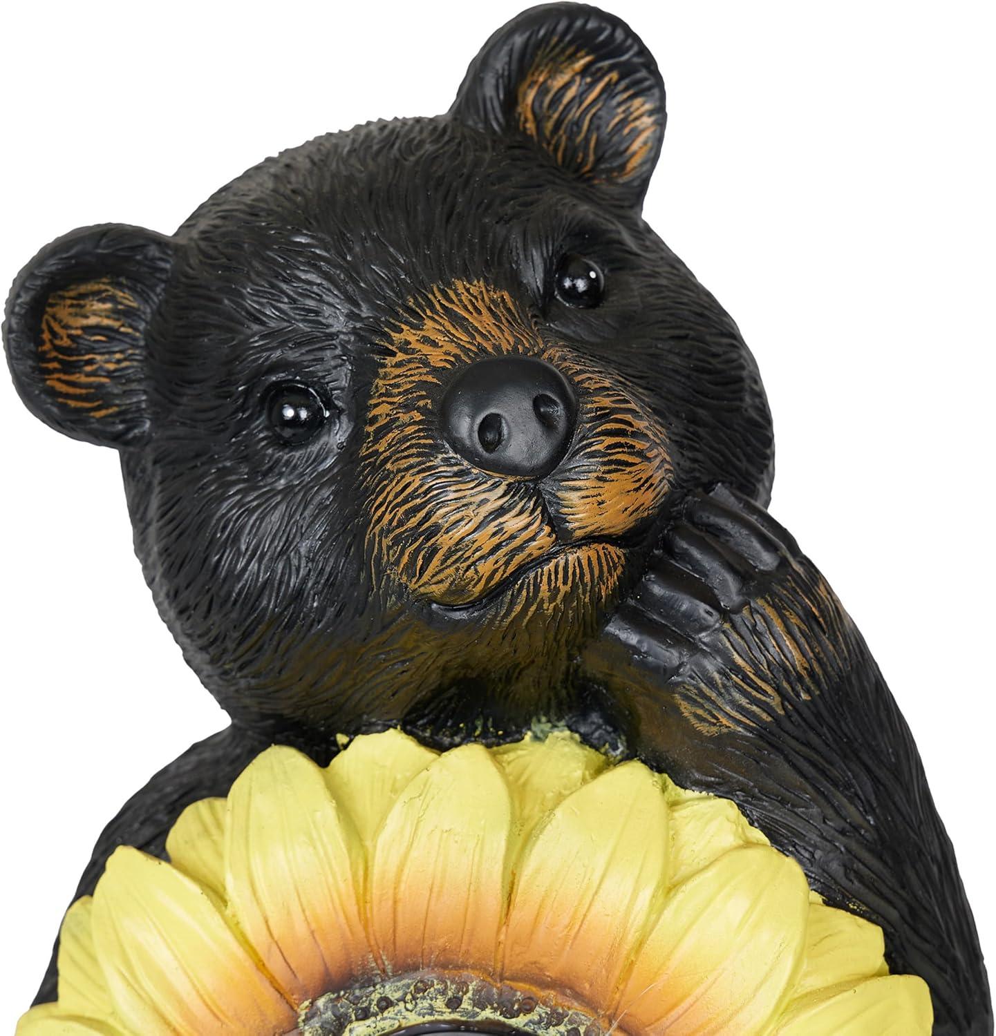 Alpine Corporation GXT520SLR-L Solar Powered Bear Statue with LED Sunflower for Outdoor Lawn and Yard Decoration, 16" H, Brown
