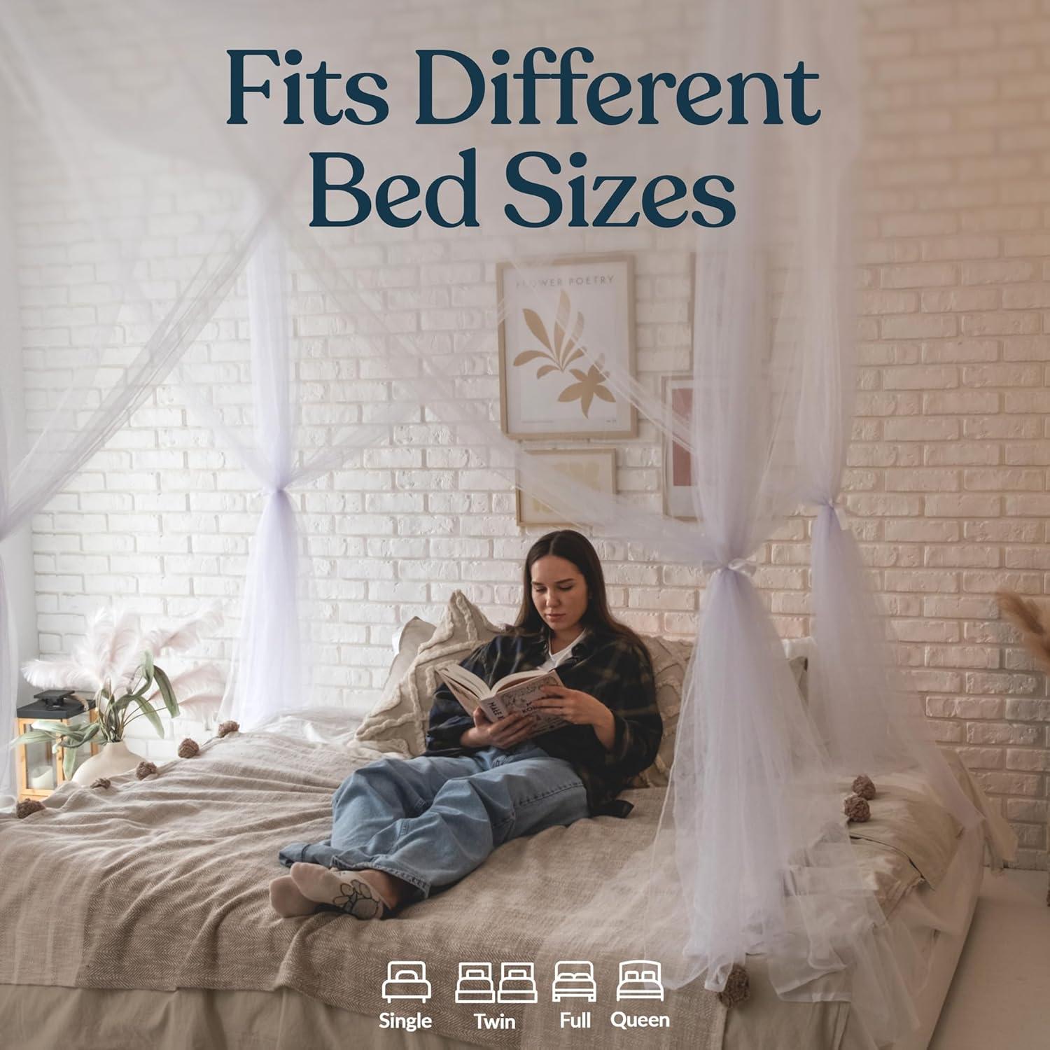 Canopy Bed Curtains with Lights, White Bed Canopy For Girls & Adults | Fits Single, Full, Double, Queen | Bed Curtains From Ceiling Or Bed Frame, Bed Curtains, Bed Canopies & Drapes, Princess Bed