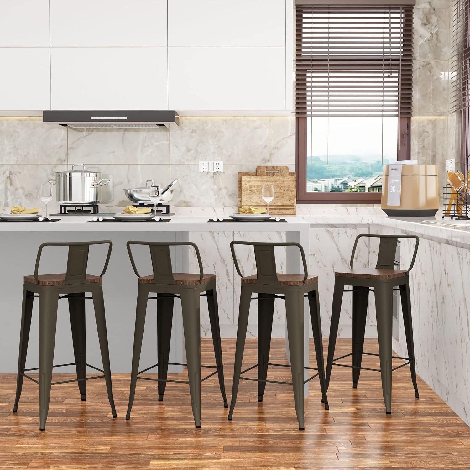 WENTMENT Bar Stools Set of 4 Counter Height Bar Stools Metal Barstools with Removable Back 30" Kitchen Bar Stools with Wooden Seat, Rusty