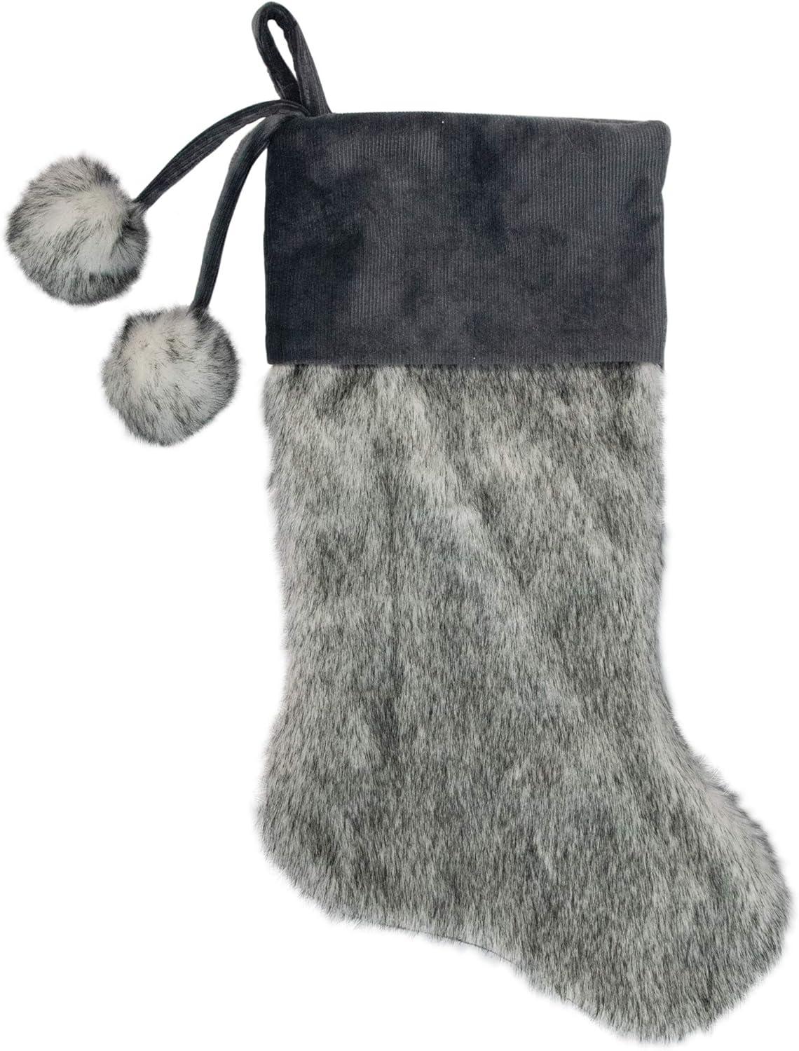 Northlight 20.5-Inch Gray Faux Fur Christmas Stocking with Corduroy Cuff and Pom Poms