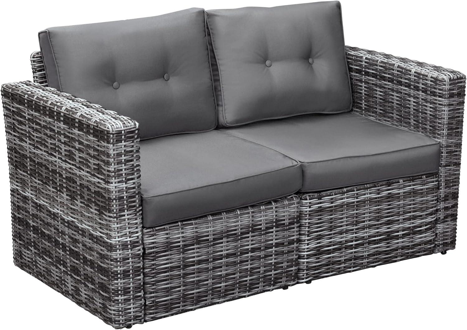 Outsunny 2 Piece Patio Wicker Corner Sofa Set, Outdoor PE Rattan Furniture, with Curved Armrests and Padded Cushions for Balcony, Gray
