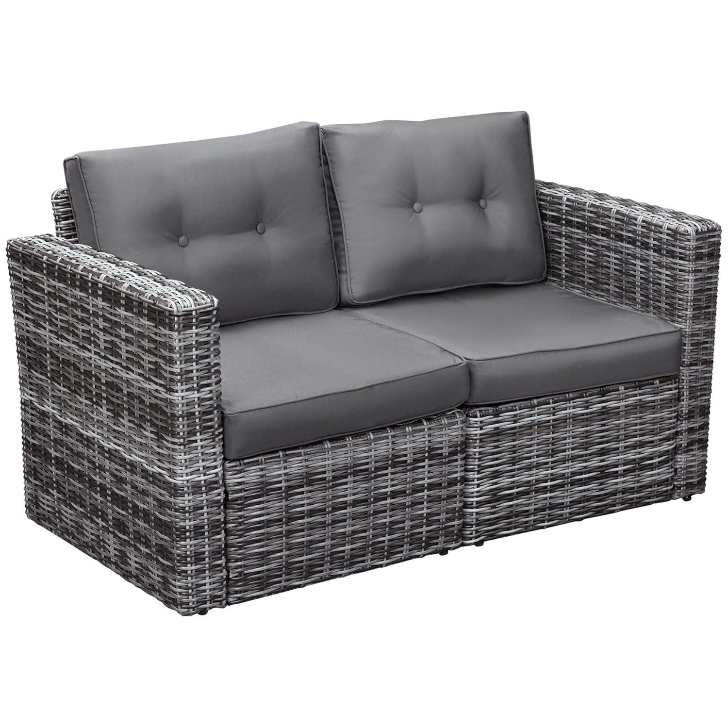 Outsunny 2 Piece Patio Wicker Corner Sofa Set, Outdoor PE Rattan Furniture, with Curved Armrests and Padded Cushions for Balcony, Gray
