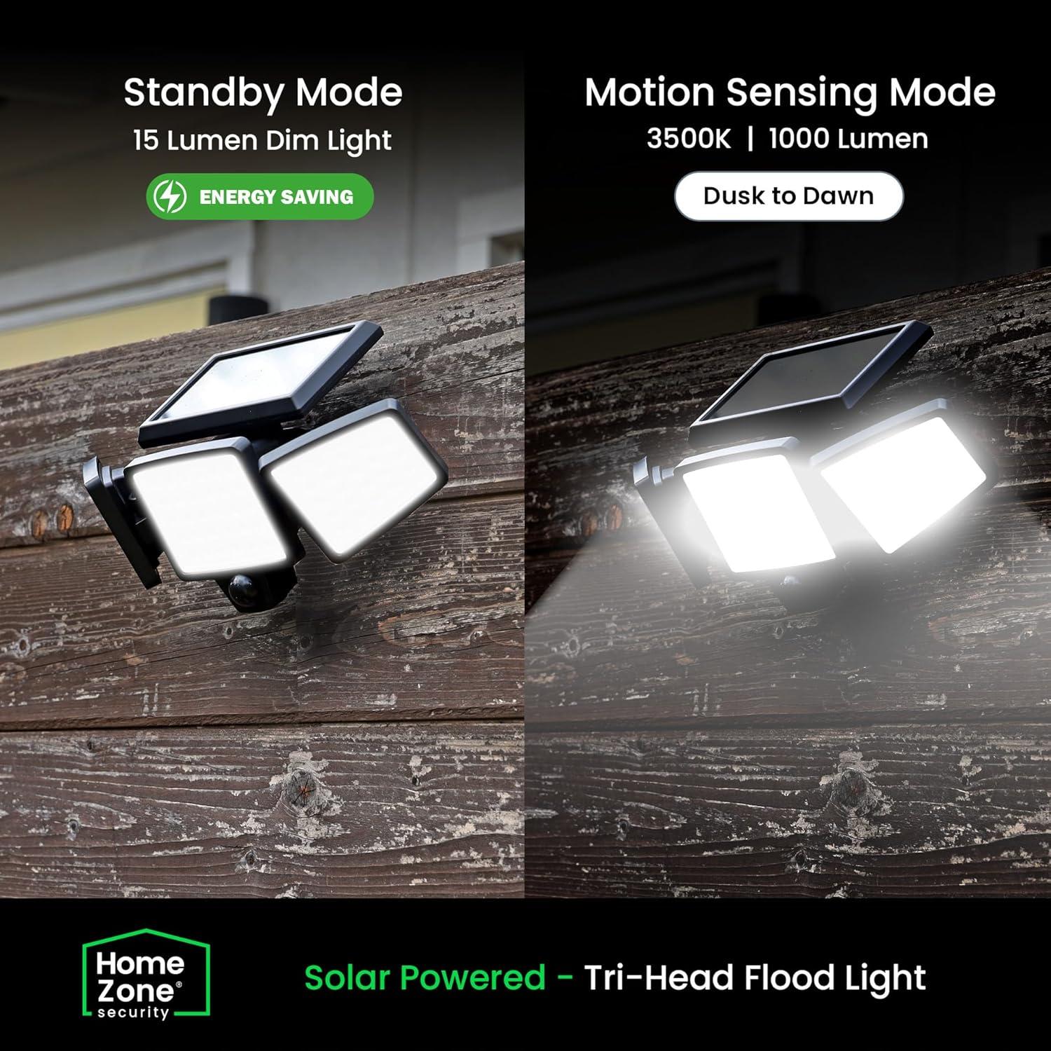 Home Zone Security Solar Triple Head Flood Lights - 3500K, 1000 Lumens, Adjustable Angle, 2-Pack