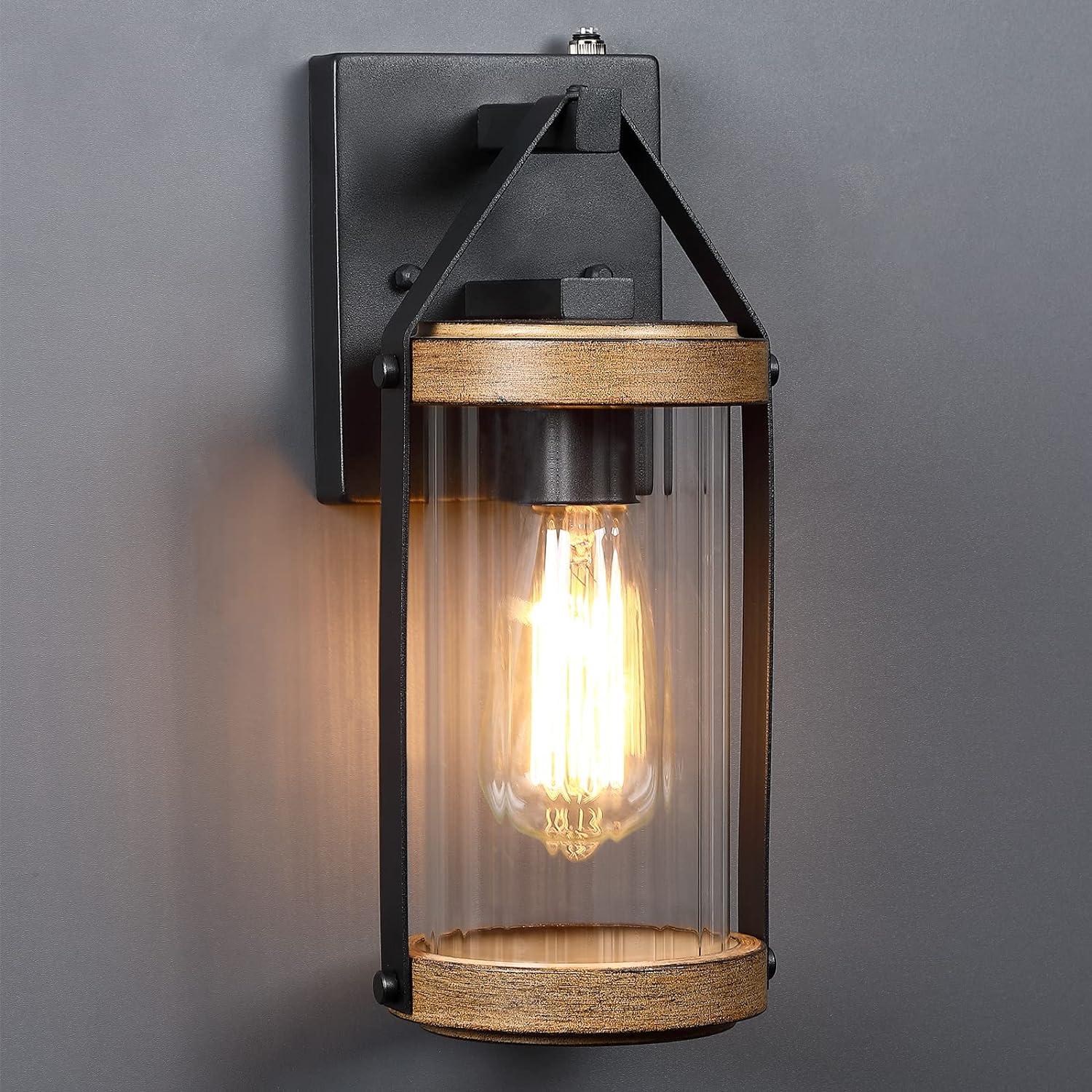 Black and Wood-Finished Metal Lantern Sconce with Clear Glass