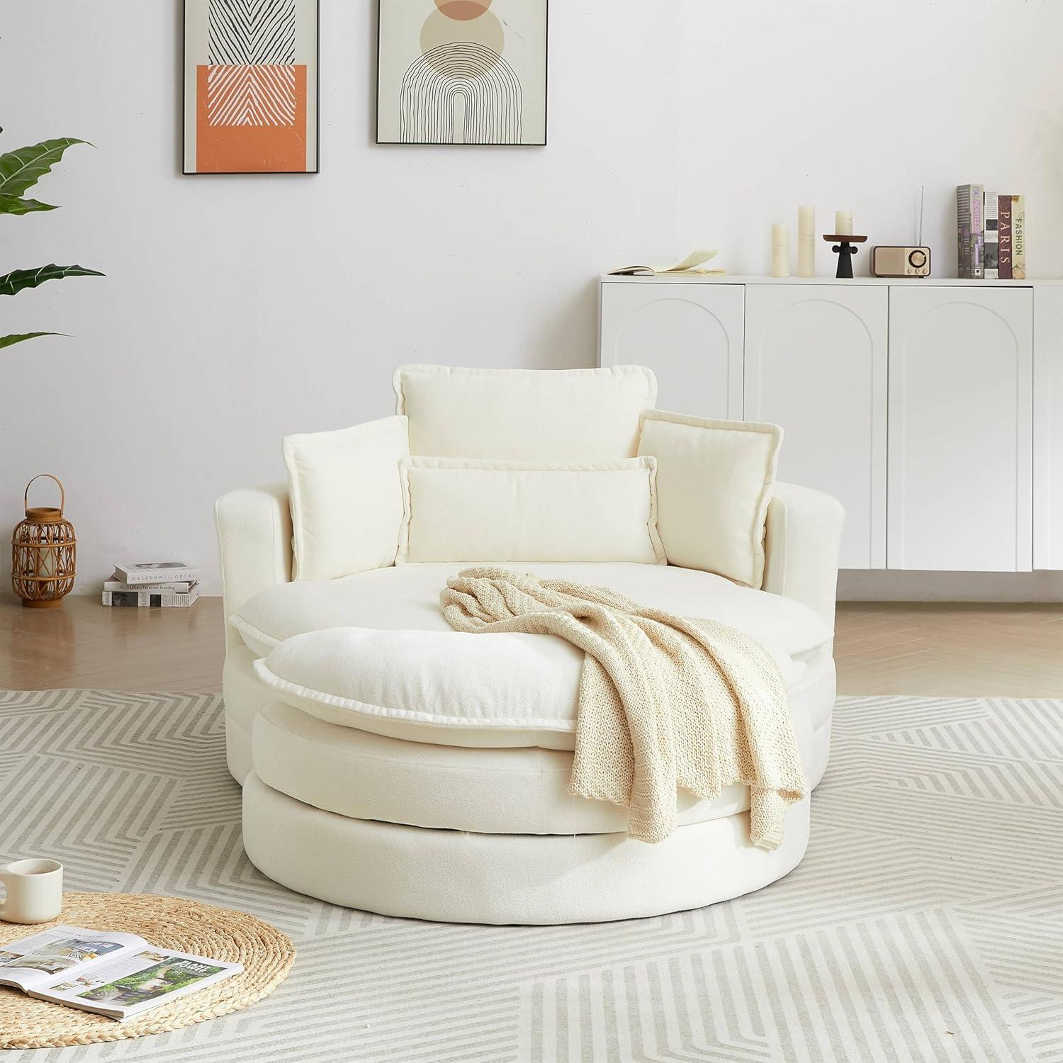 DEINPPA Swivel Round Barrel Chair with Storage Ottoman and 4 Movable Pillow Backrest, 360° Round Rotating Sofa Chair for Living Room, Hotel, Bedroom, Office, Lounge (Green + Chenille+ Foam)