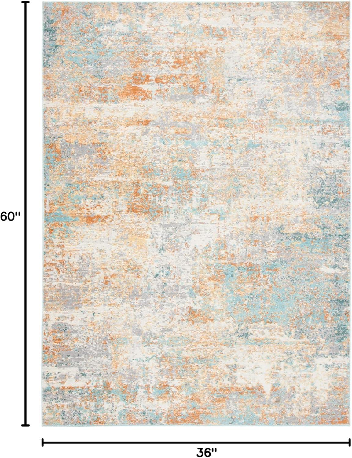 Ivory and Aqua Synthetic Stain-Resistant Square Rug