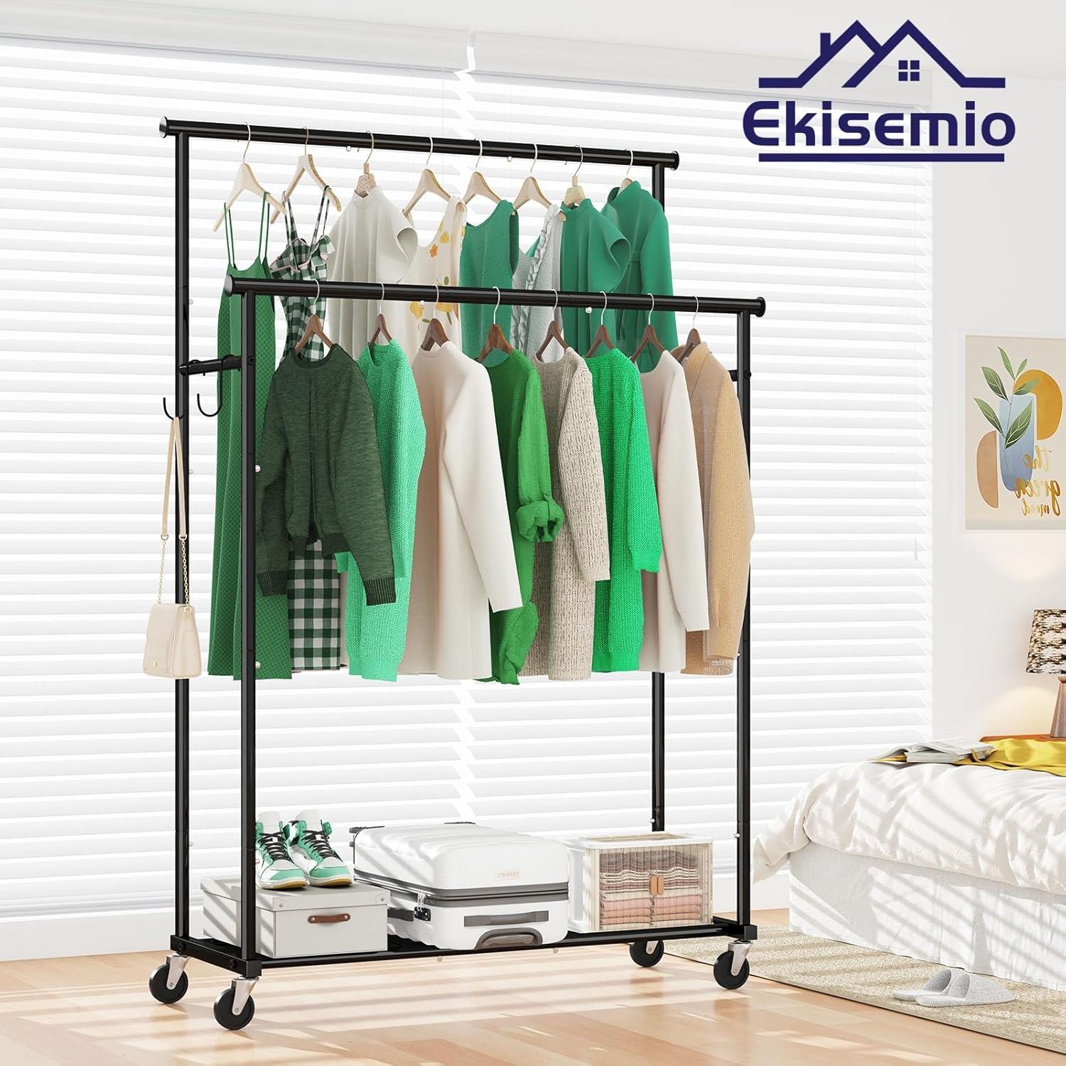 Black Heavy Duty Double Rod Garment Rack with Mesh Shelf