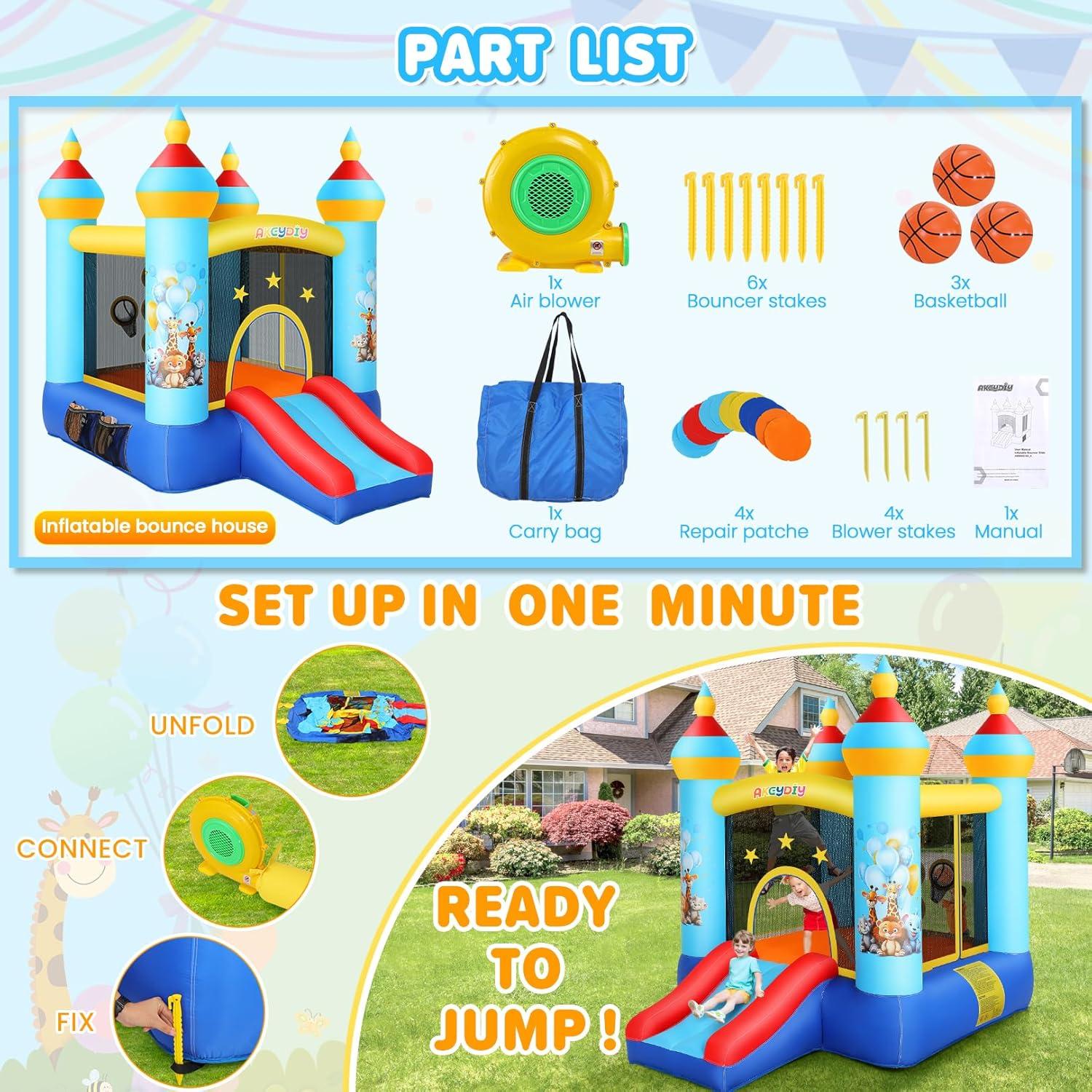 Ancheer 9ft x 6ft Animal Inflatable Bounce House for Kids, Inflatable Bouncy Castle with Blower, Jumping House with Slide/Pitching Game, Indoor Outdoor Toddler Kids Party