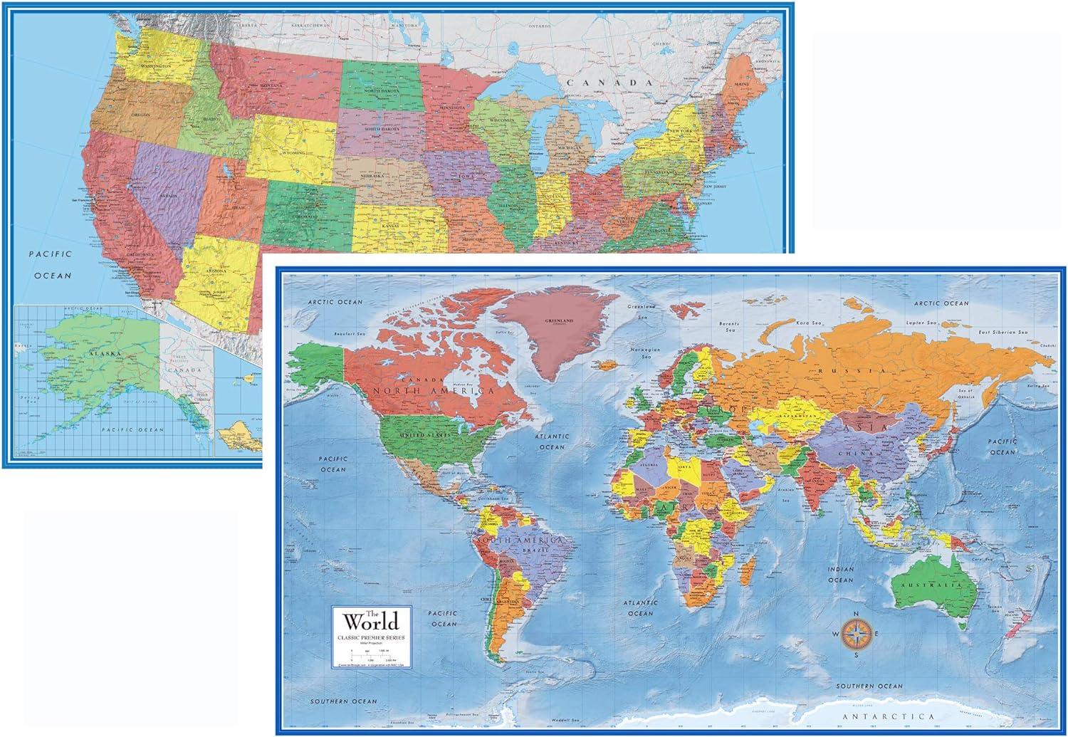 24x36 World and USA Classic Premier 3D Two Wall Map Set (Laminated)