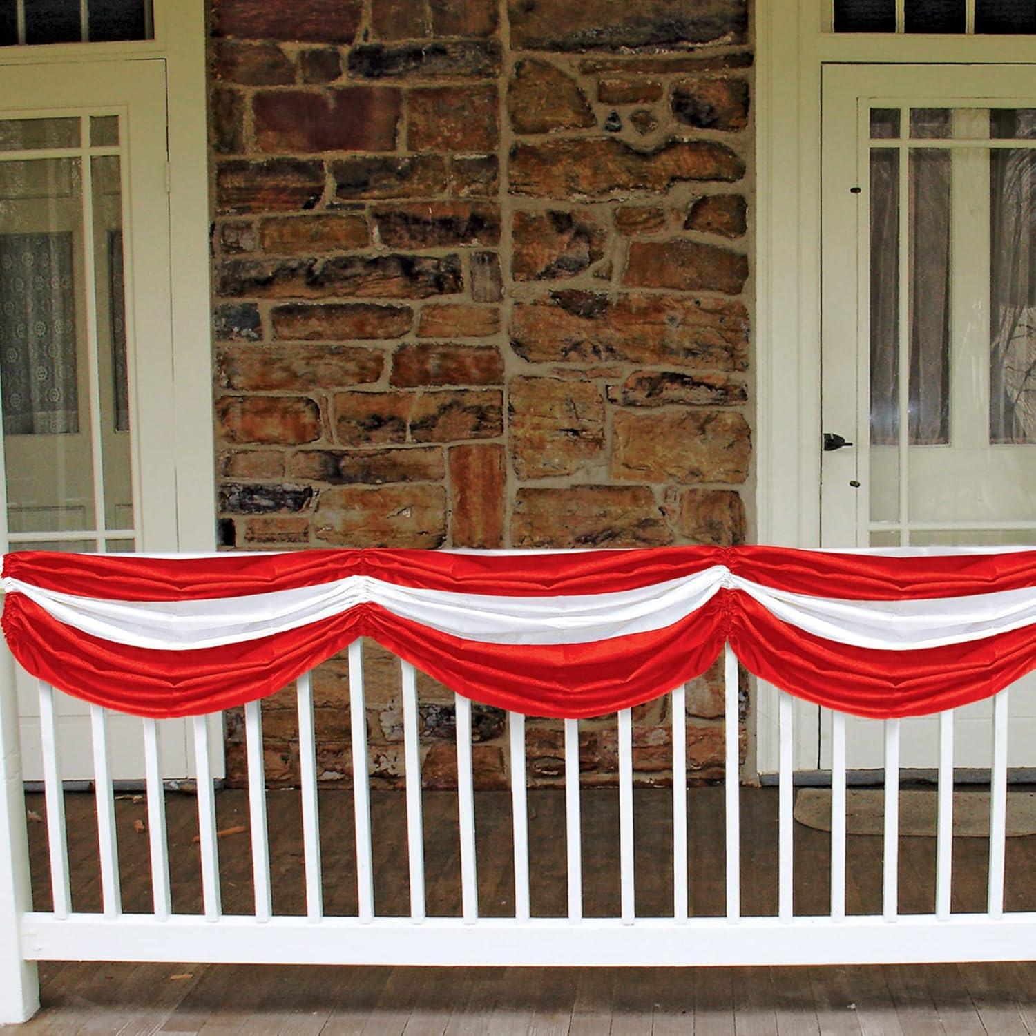 Beistle Red & White Fabric Bunting – Decoration with Drawstrings for Indoor Outdoor Use, Patriotic Porch Fence or Table Drape for Circus, Carnival, and Home Décor, 5' 10"