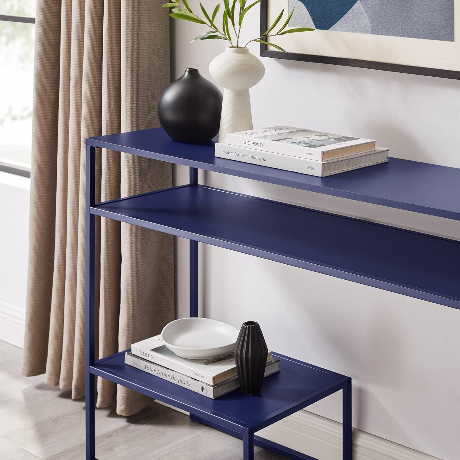 42" Metal and Wood Console Table with Tiered Shelves - Blue