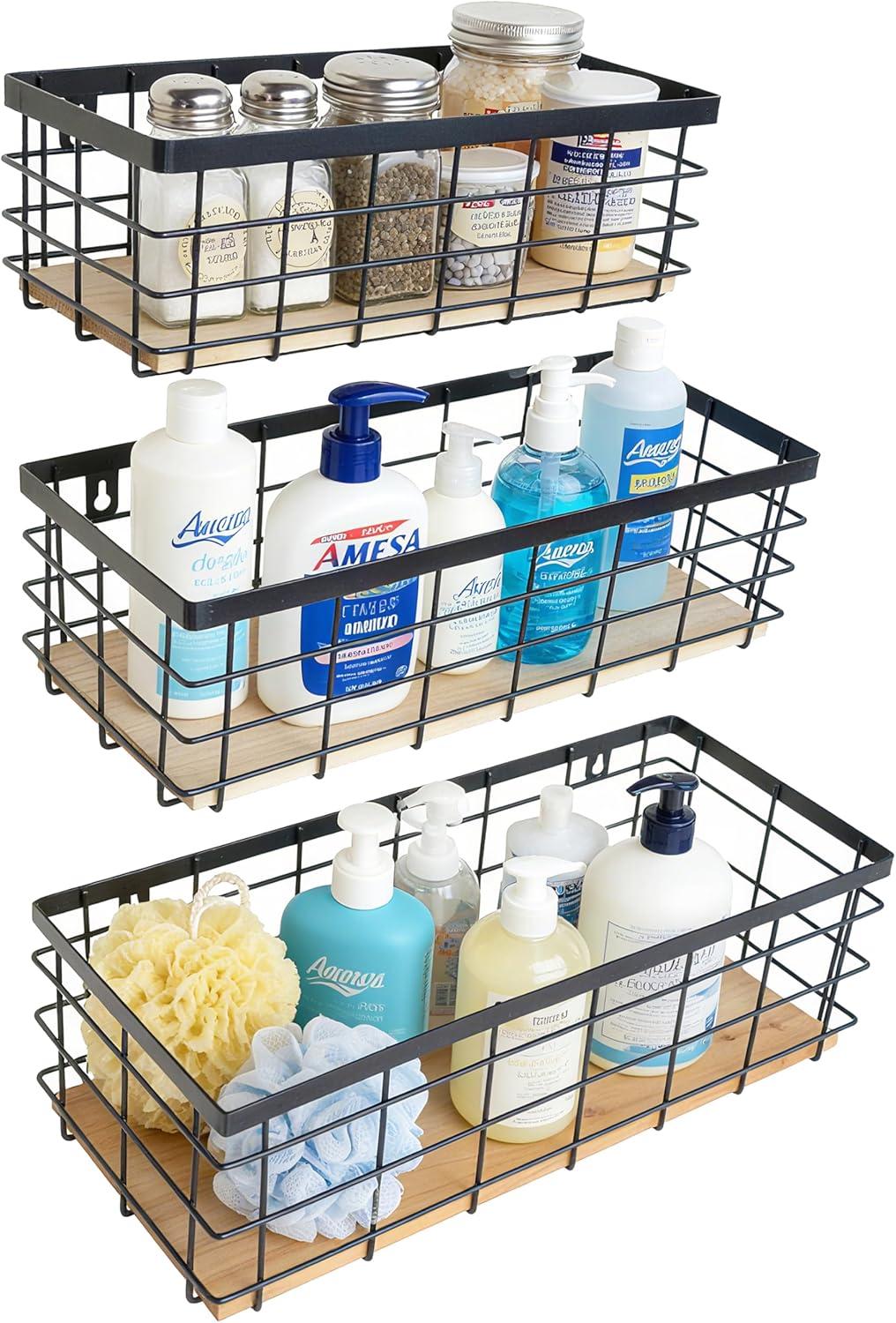 Metal Wire Basket Detachable Wood Base Storage Organizer Farmhouse Small Bins for Kitchen Cabinets, Bathroom, Pantry, Laundry Room, Closets Set of 2,Black Color