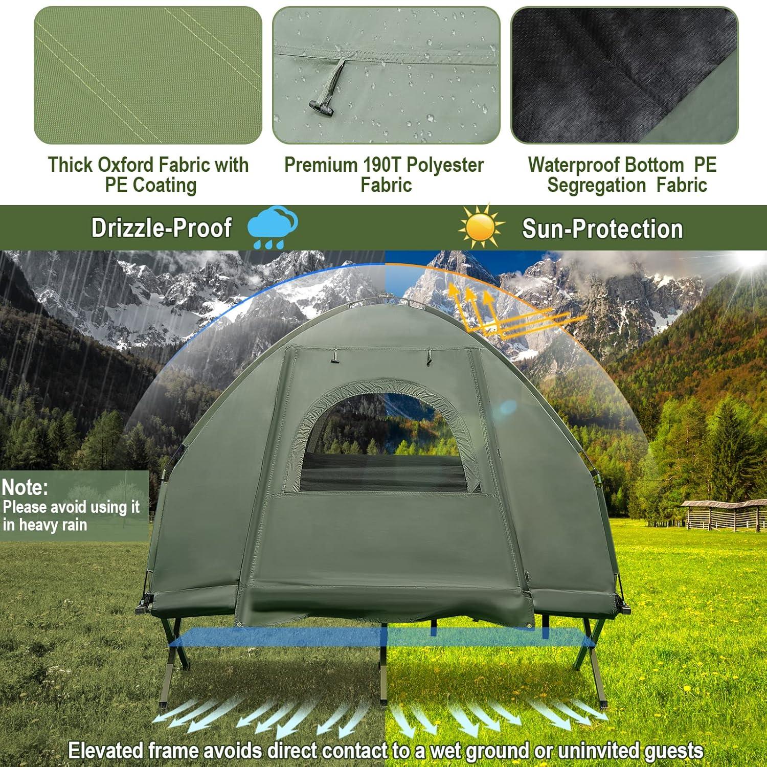 BANGTANE Tent Cot for Camping 1-Person, All-in-1 Folding Tent Combo w/Air Mattress, Sleeping Bag, Carry Bag & Foot Pump, Off Ground Travel Cot for Hiking, Backpacking, Fishing & Picnic