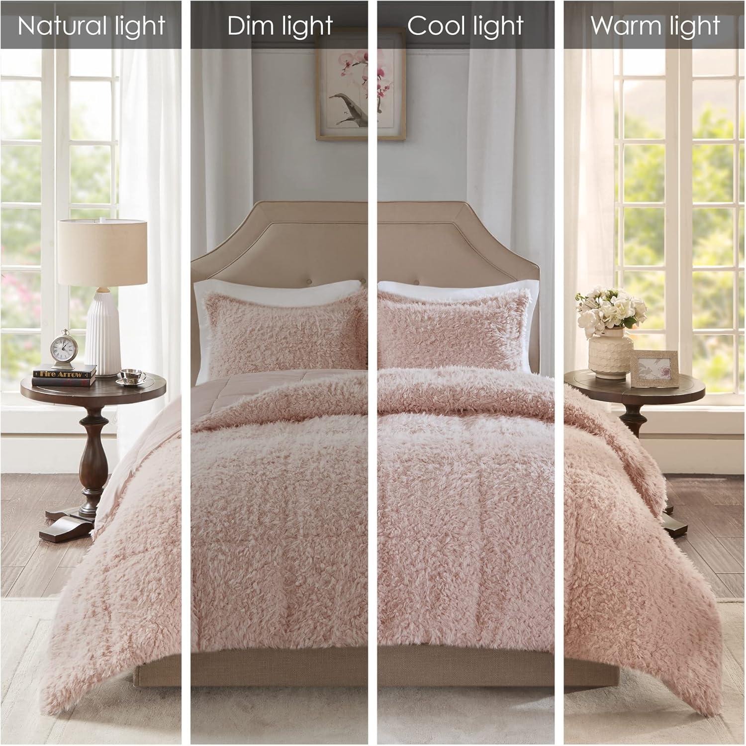 Blush Twin Faux Mohair and Mink Comforter Set