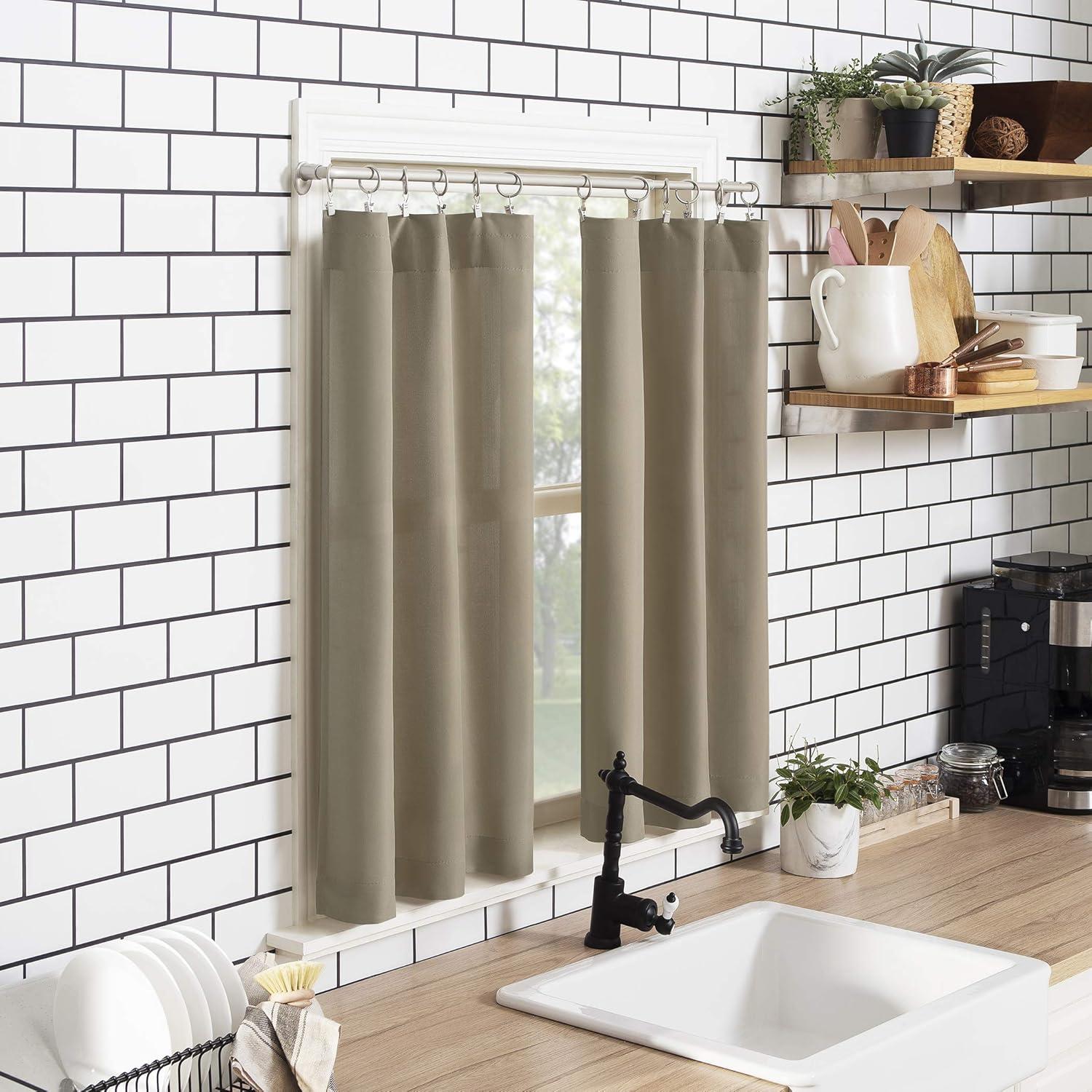 No. 918 Martine Microfiber Semi-Sheer Rod Pocket Kitchen Curtain Valance and Tiers Set, 54" x 24" 3-Piece, Taupe