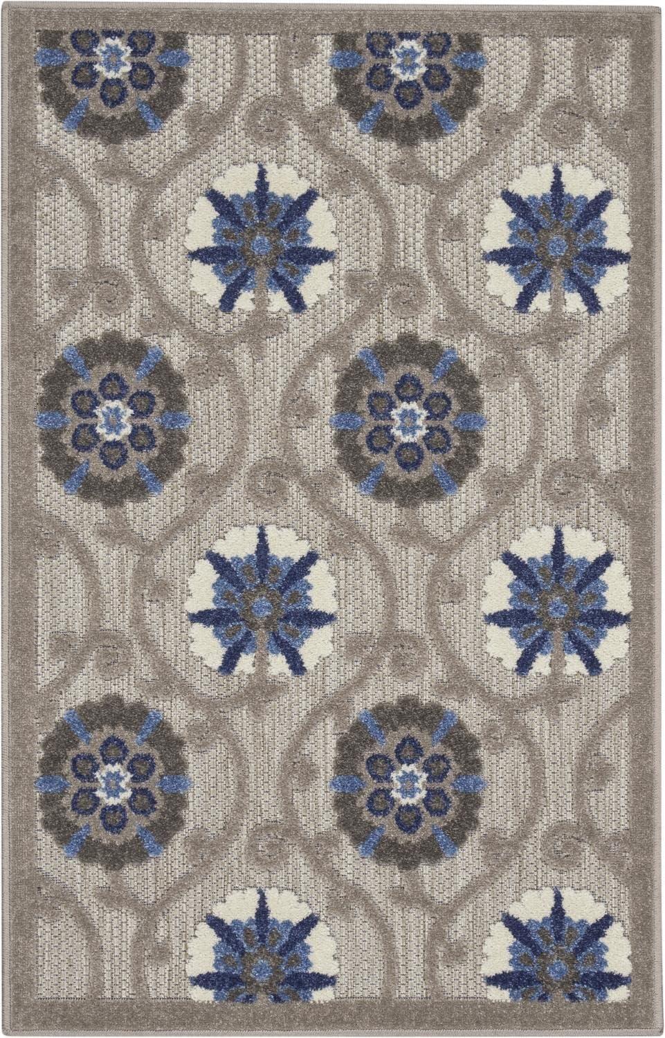 Nourison Aloha Contemporary Floral Flatweave High-Low Indoor Outdoor Area Rug Grey/Blue 2'8" x 4'