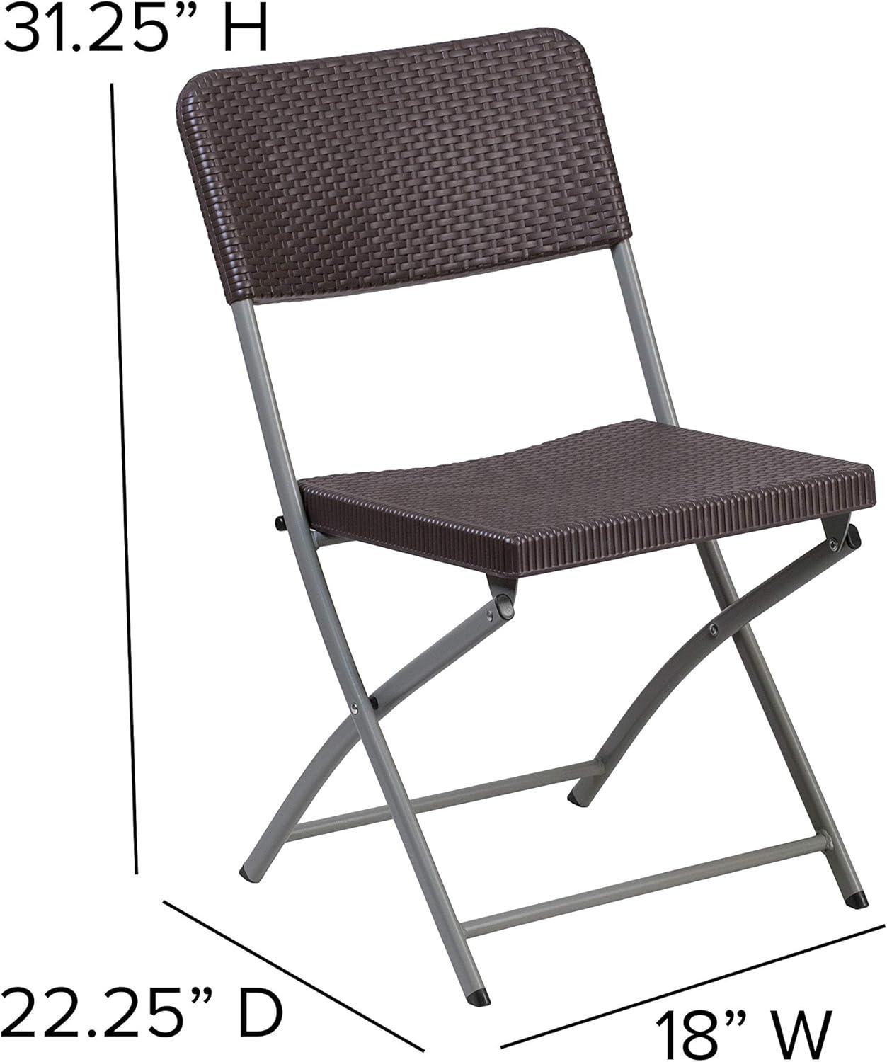 Emma and Oliver 2 Pack Brown Rattan Plastic Indoor-Outdoor Patio Folding Chair