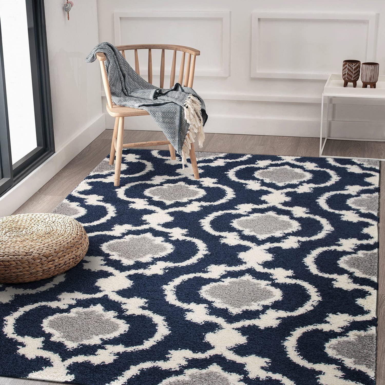 World Rug Gallery Cozy Moroccan Trellis Shag Area Rug - Navy 6'6" x 9'