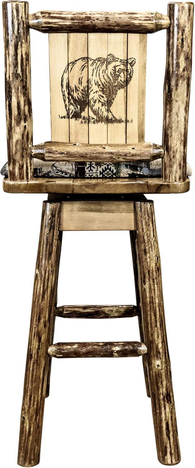 Rustic Lodge Pole Pine Swivel Barstool with Engraved Bear Design