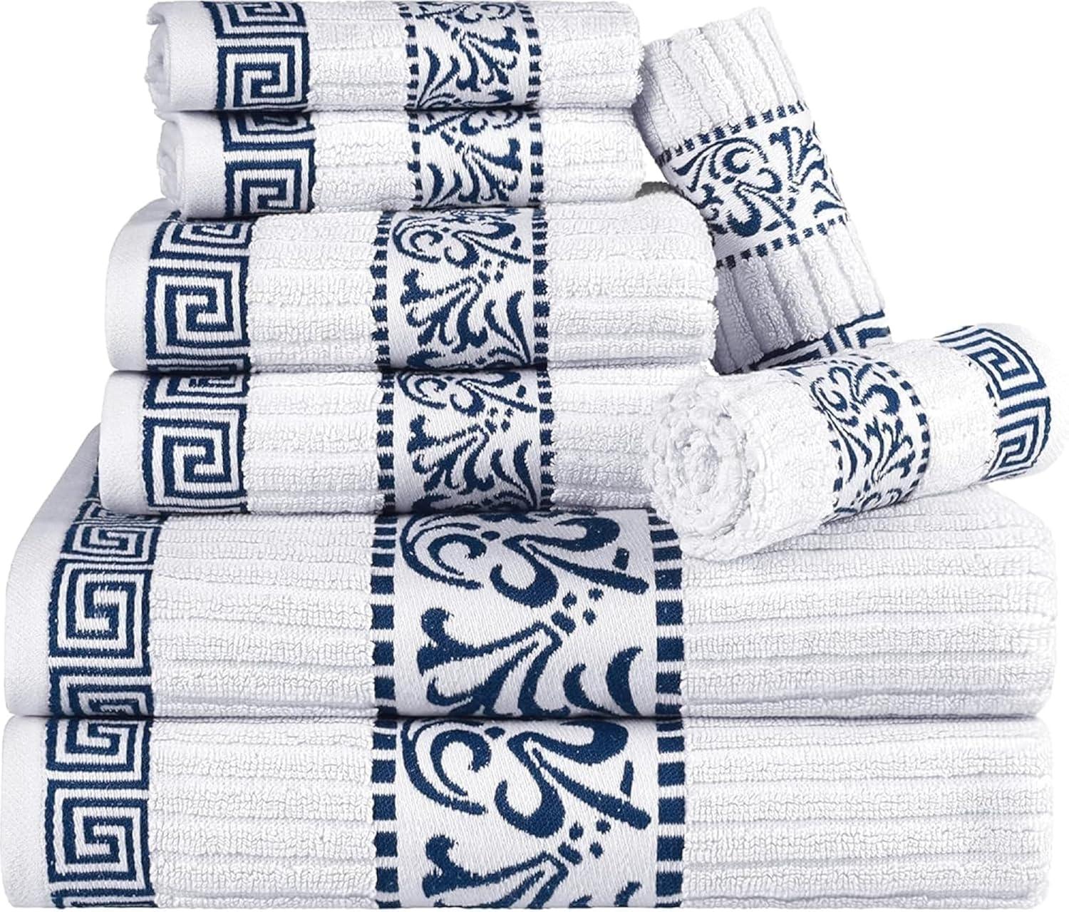 Superior Athens Cotton Medium Weight Floral Border Greek Key Trim 8 Piece Assorted Towel Set by Superior