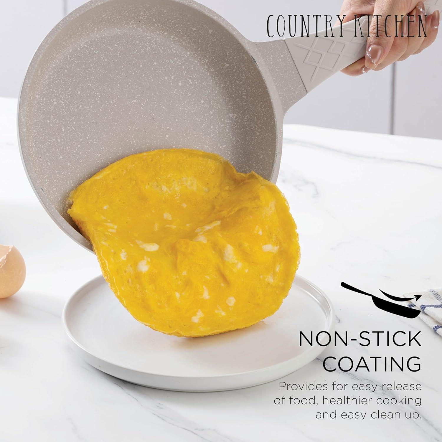 Country Kitchen 11-Pc Cast Aluminum Cookware Set Non Stick Pots and Pan Set, Cream Diamond