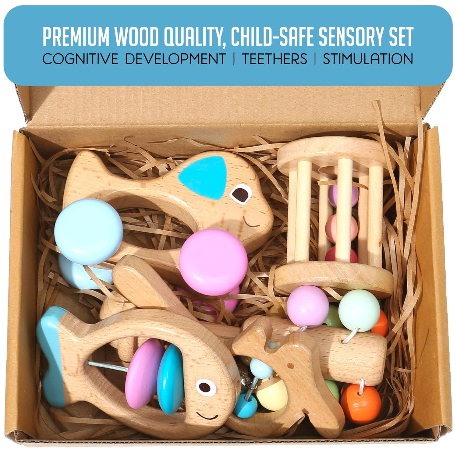 Montessori Mama Wooden Toys for Babies 5-Piece Collection - Multi-Sensory Learning Rattle for Babies - Infant Wooden Toy Set Baby Weights Toys - Teether
