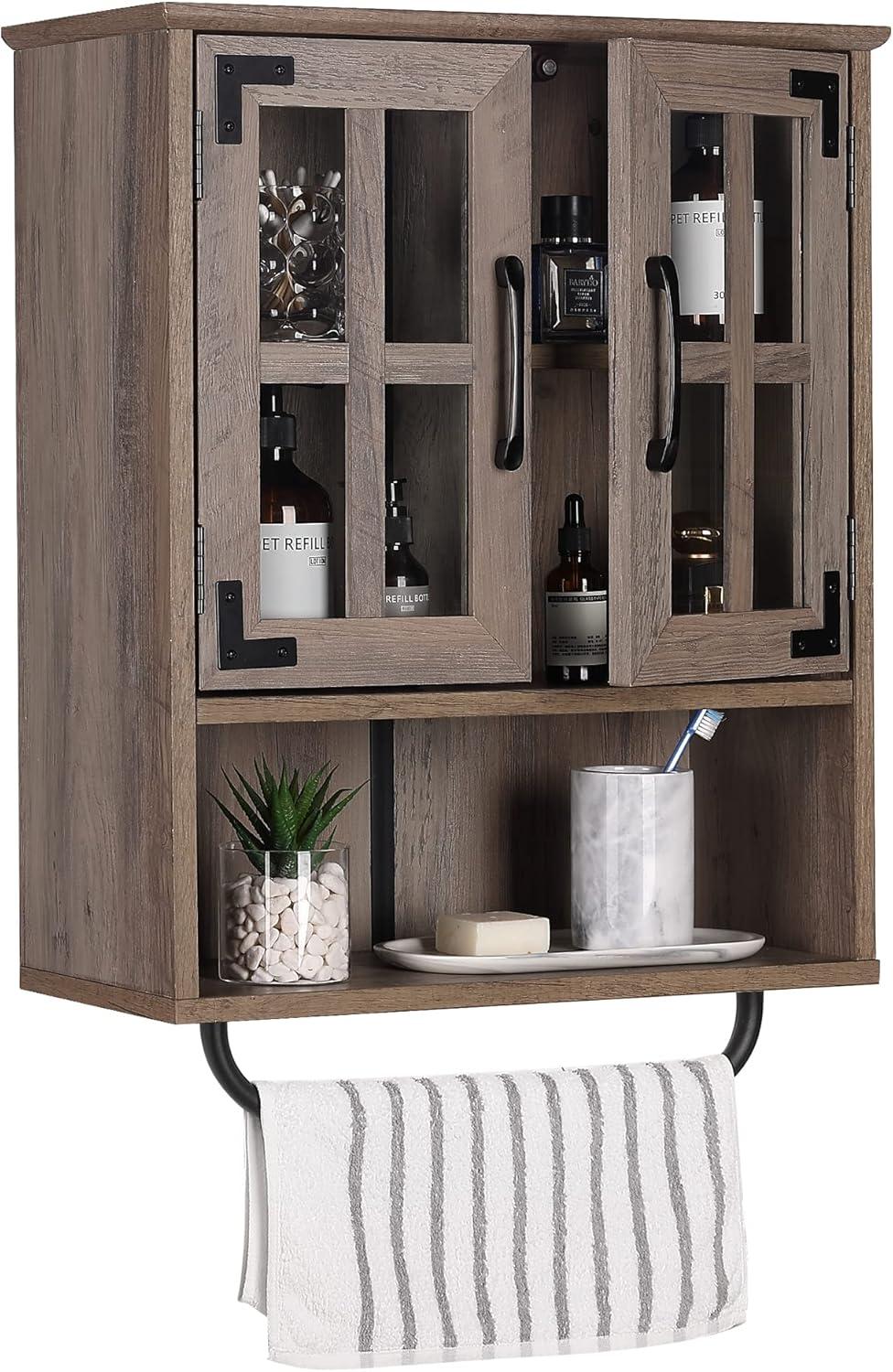 Wood Wall Storage Cabinet With Cross Glass Doors, Farmhouse Wall Mounted, 3 Tier Rustic Cabinet With Adjustable Shelves And Towel Bar For Bathroom, Living Room, Vintage White