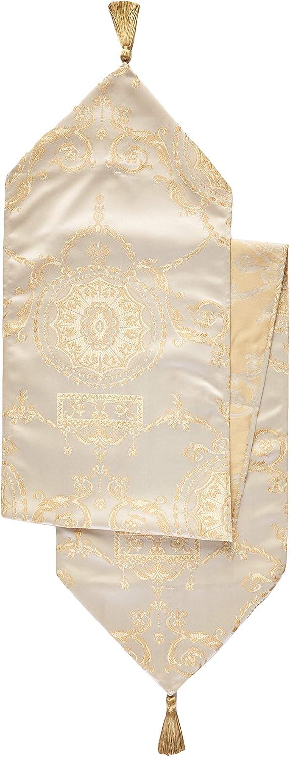 Beige Damask Polyester Table Runner with Gold Tassels