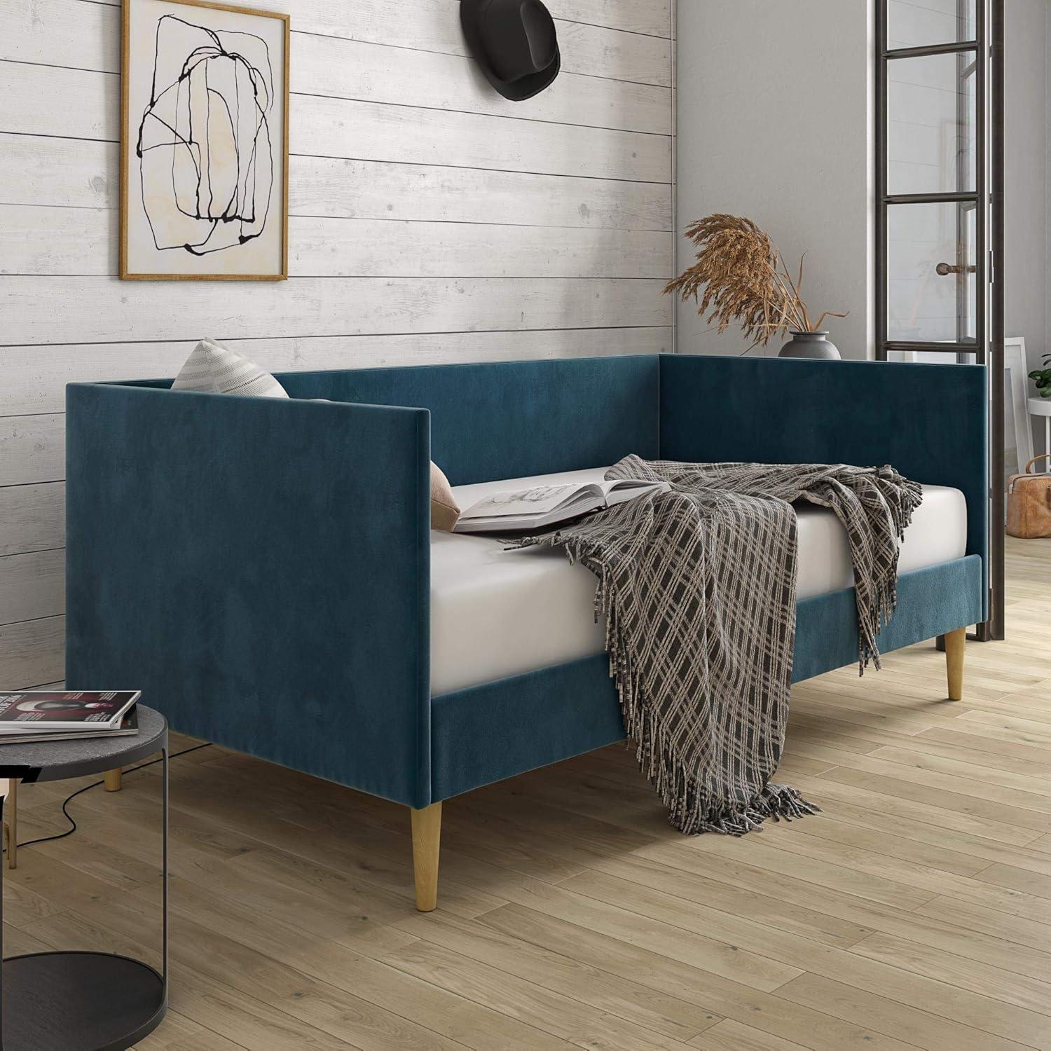 Twin Blue Velvet Upholstered Daybed with Wooden Slats