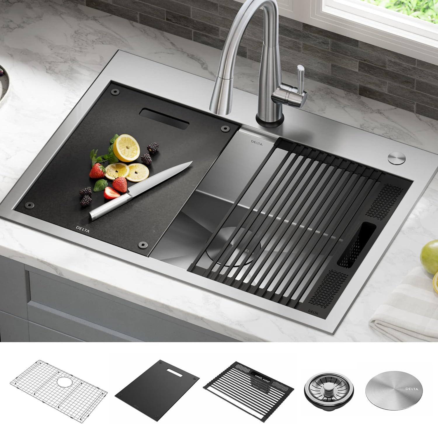 Delta Rivet™ 30" L Workstation Kitchen Sink Drop-In Top Mount 16 Gauge  Stainless Steel Single Bowl