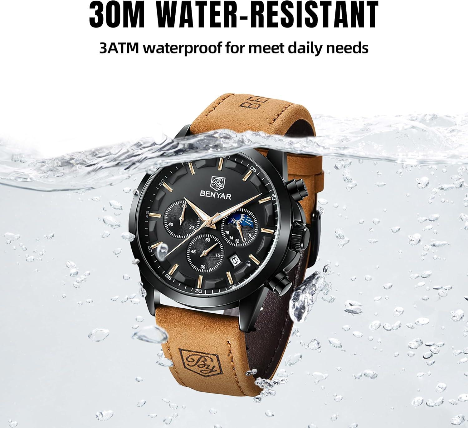 BY BENYAR Mens Watches Analog Quartz Chronograph Waterproof Wrist Watches for Men Fashion Business Work Casual Sport Designer Dress Watch with Calendar Elegant Gifts for Men
