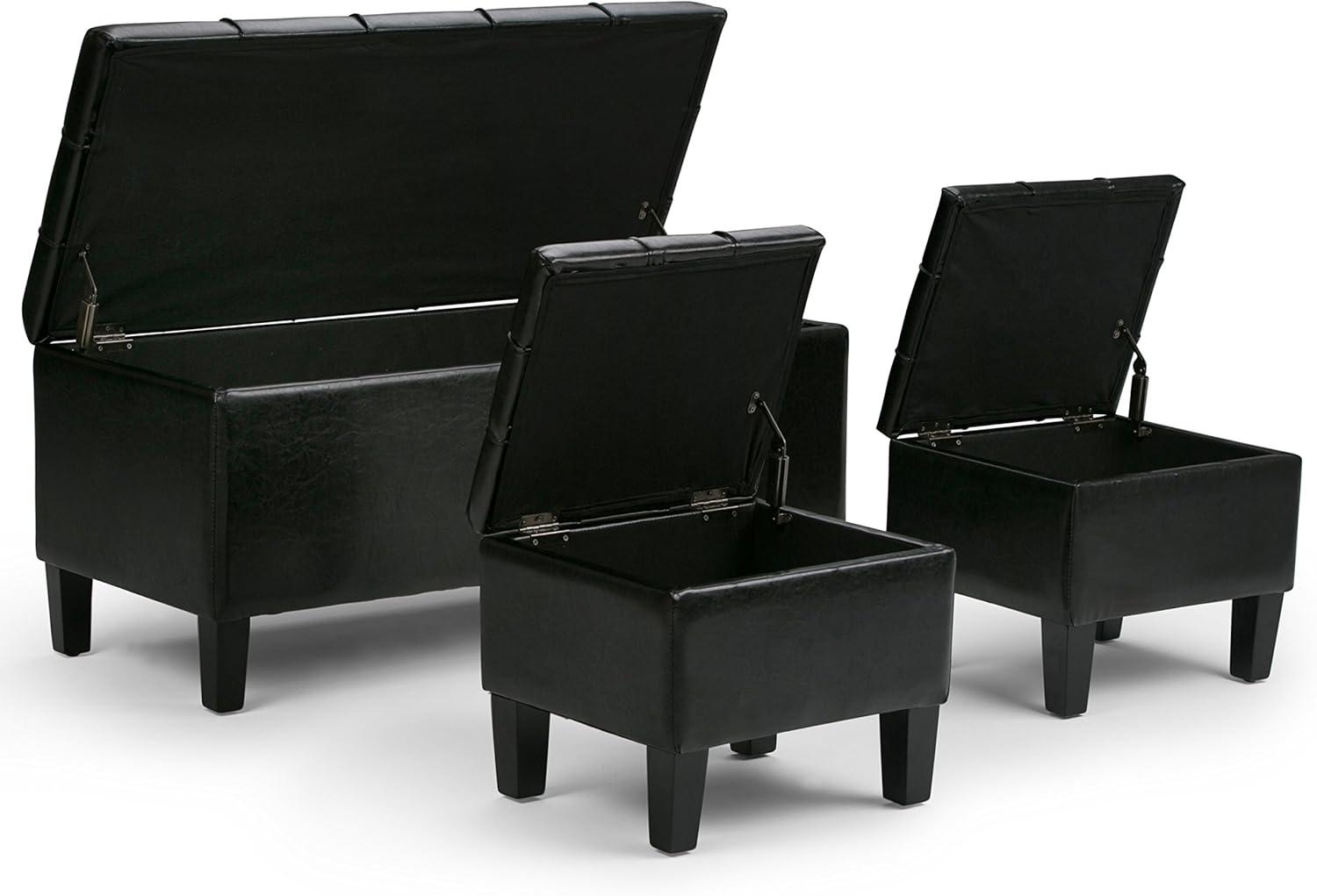 Dover Midnight Black Faux Leather 3-Piece Storage Ottoman Set