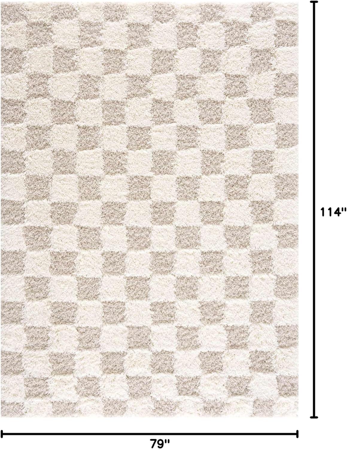 Hauteloom Atira Checkered Shag Area Rug - Checkboard Design - High Pile Fluffy Shaggy Touch - Square Tiles - Kids Room, Nursery, Living Room Shaggy Carpet - Beige, Cream, White - 6'7" x 9'6"