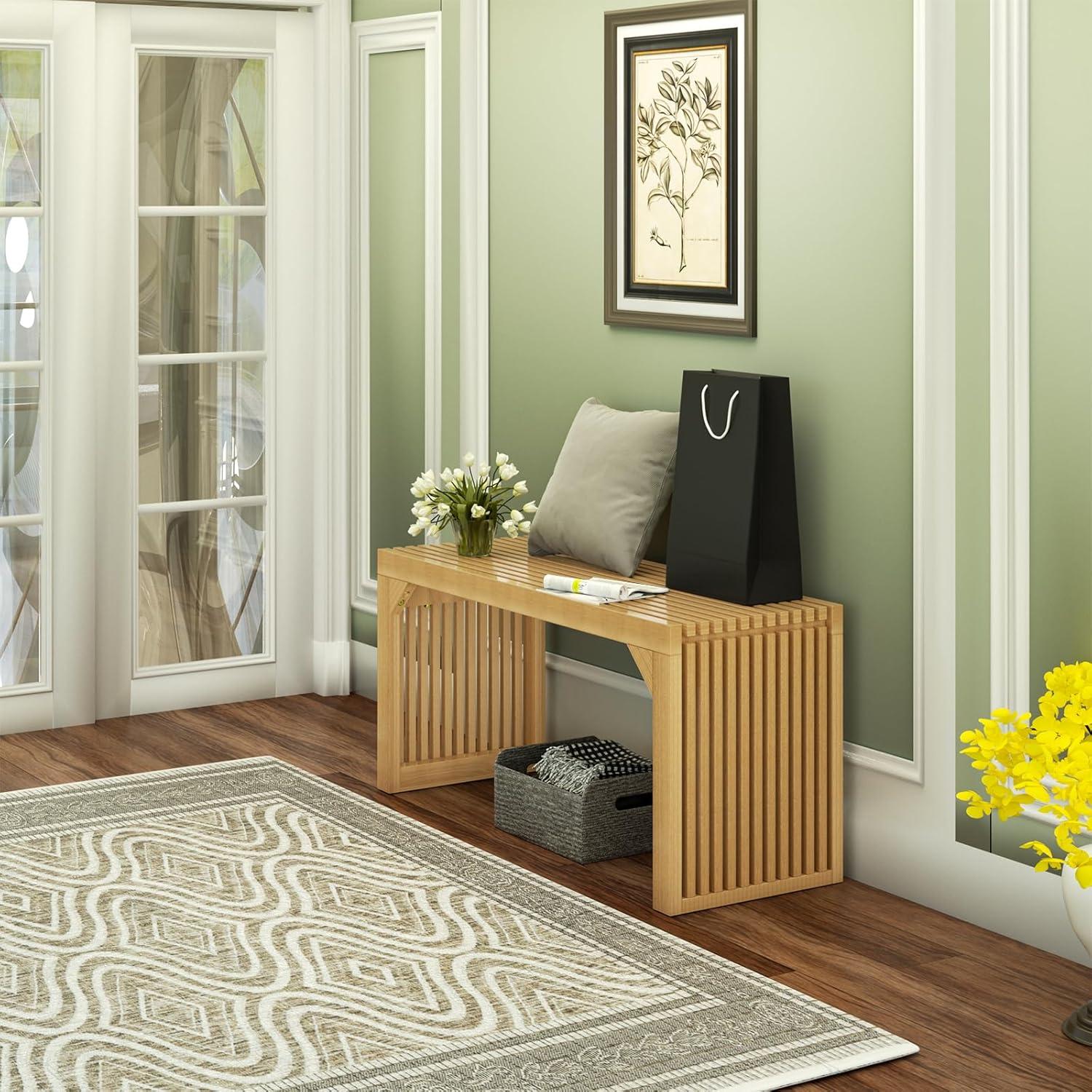 35" Solid Wood Bench, Nature Entryway Bench with Storage for Entryway, Living Room, Kitchen