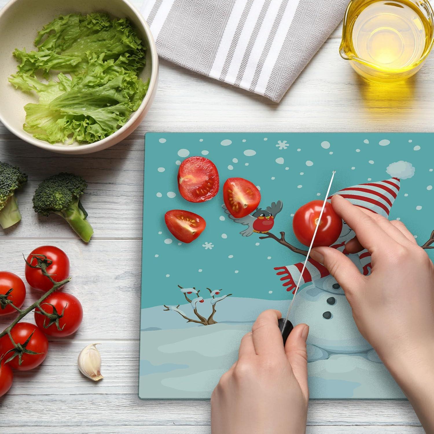 Christmas Cutting Board, Xmas Traditional Winter Season Theme Fir Twigs and Vibrant Balls Graphic Print, Decorative Tempered Glass Cutting and Serving Board, Large Size, Red Green, by Ambesonne